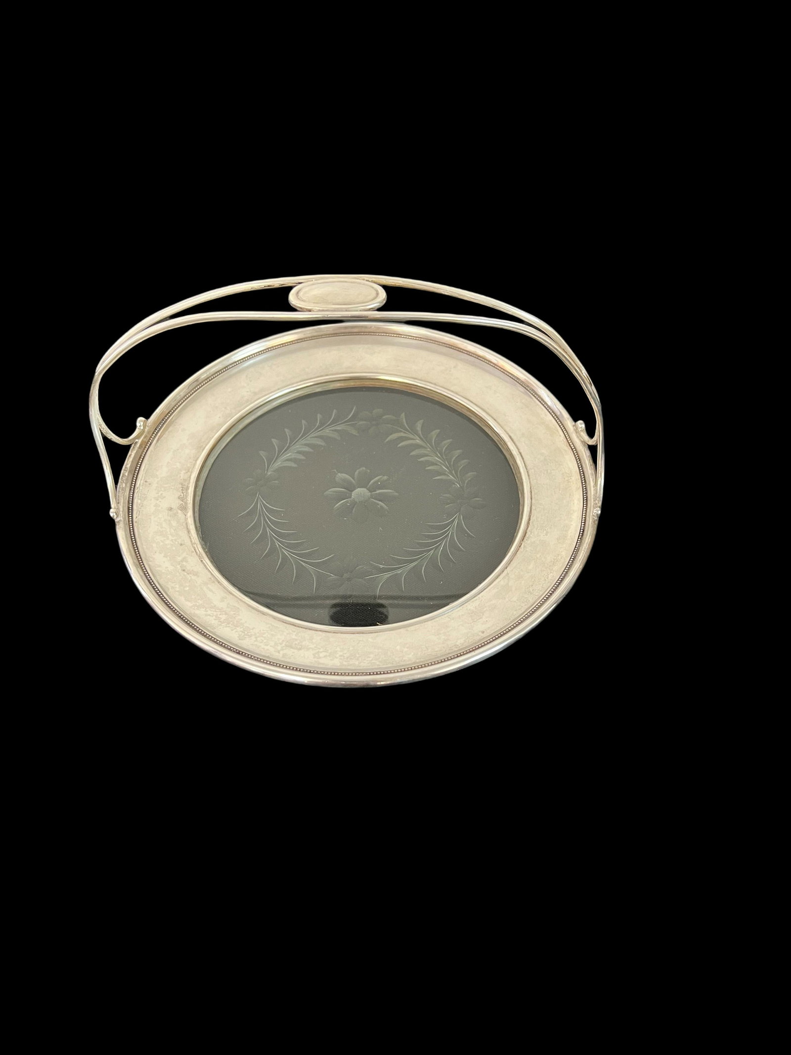 Sterling Silver and Etched Glass Round Tray with Handle: Round Sterling Silver and Etched Glass Tray with Handle Tray is approximately 7 1/2" diameter Handle approximately 4" H