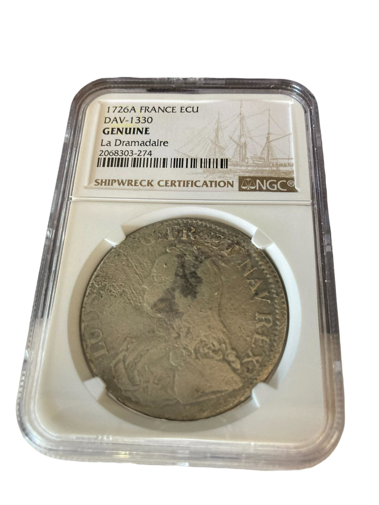 1726A France ECU DAV-1330 Silver Coin NGC Shipwreck Certification La Dramadaire: France (Paris Mint) ecu Louis XV 1726-A Silver Coin NGC Shipwreck Certification La Dramadaire NGC 2068303-274 La Dramadaire sunk in 1762 off the Cape Verde Islands, west Africa