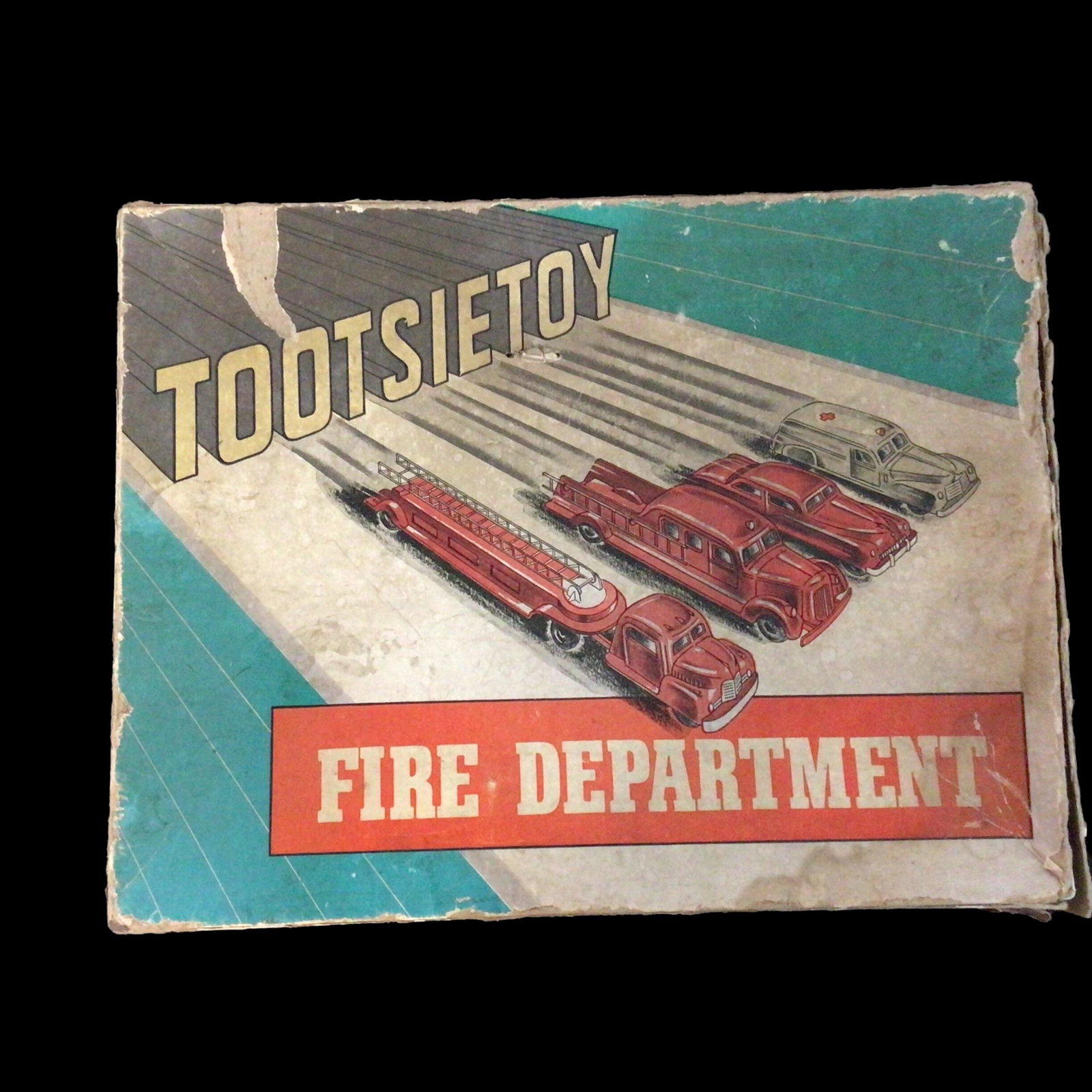 Tootsietoy Fire Department #5211: Tootsietoy Fire Department #5211 Cast metal Box measures 13" x 2" x10" Condition box in poor condition missing end flap of box top, ambulance missing paint