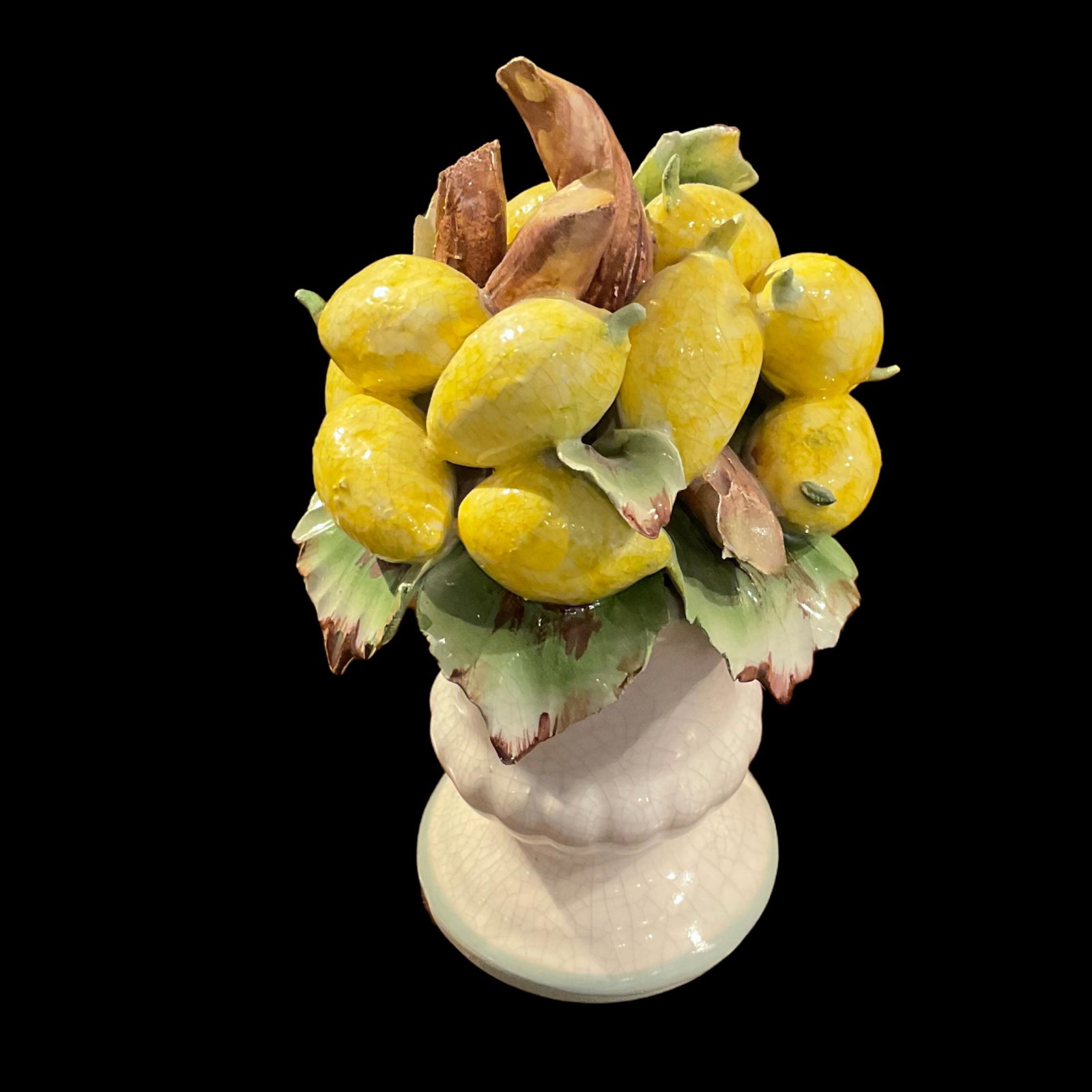 Capodimonte Porcelain Lemons in Vase Signed: Capodimonte Porcelain Lemons in Vase Signed on bottom Crackle finish Made in Italy Approximately 7 1/2" H Condition very good