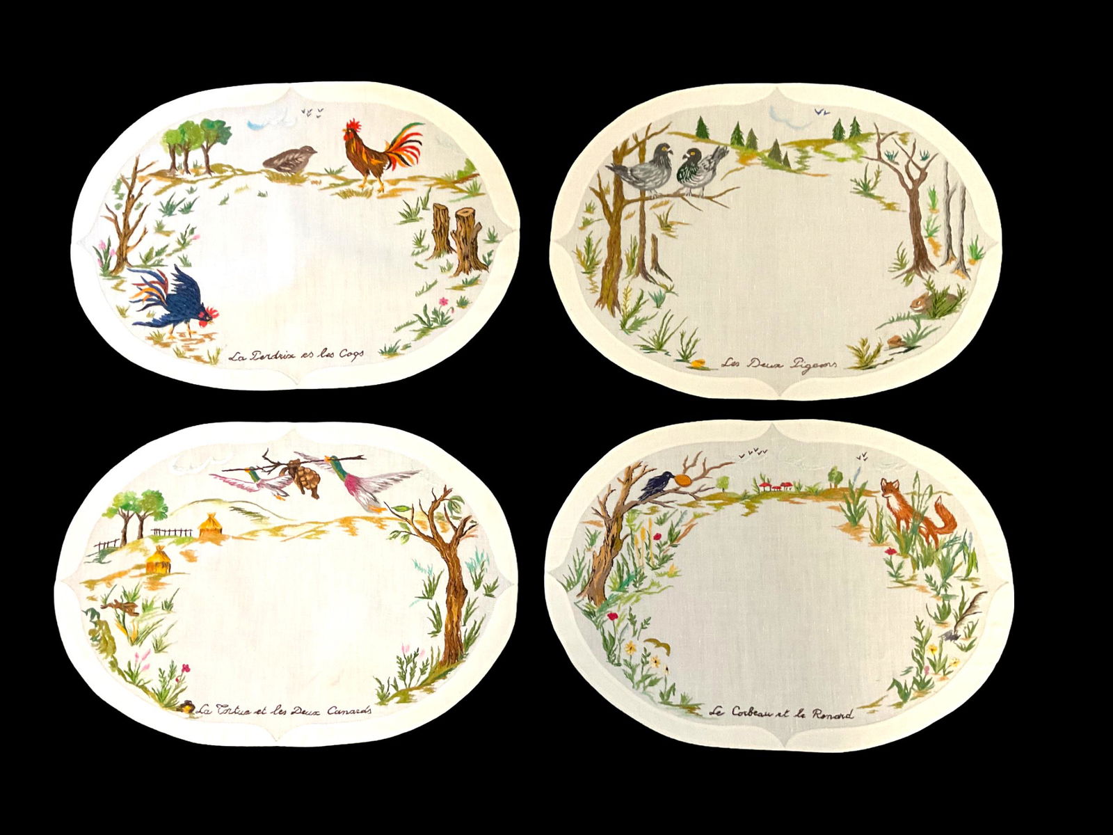 12 Embroidered Linen Placemats and Napkins: 12 Embroidered Linen Placemats and Napkins Placemats measure 15" x 14" Napkins measure 14" x 15" Condition, some stains and spots