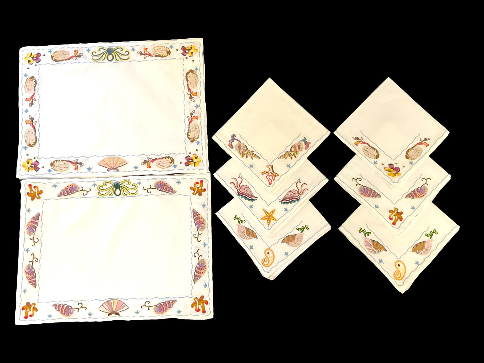 D. Porthault "Ocean Delights" French Embroidered Seashell Napkins and Placemats Set of 6 (1 of 9)
