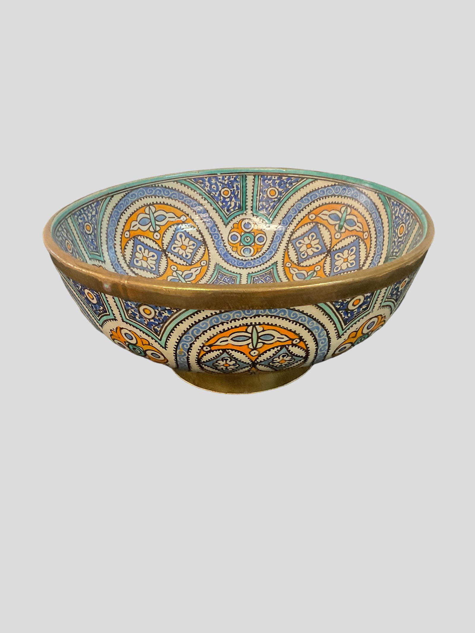 Decorative Moroccan Pottery Bowl with Brass trim Signed (1 of 11)