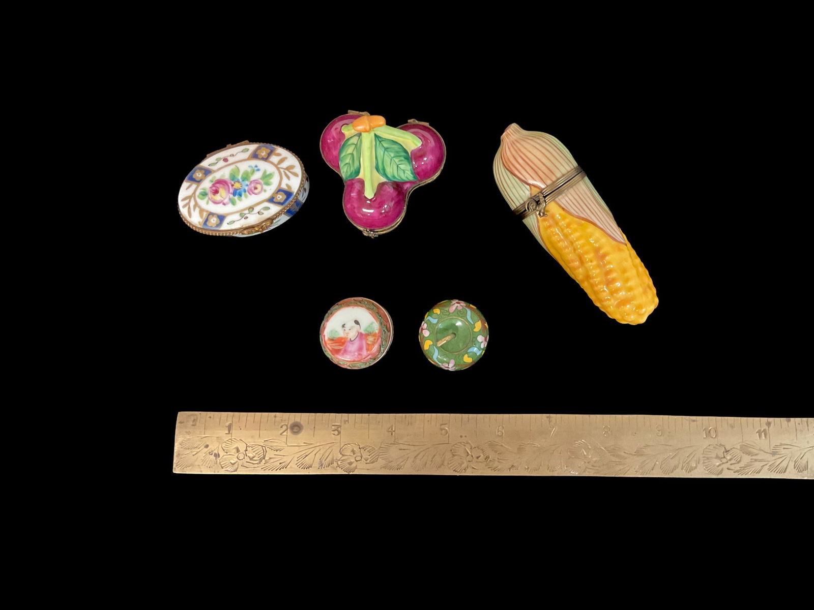 Group of 5 Small Trinket Boxes - corn, cherries, apple, Asian picture, oval box with flowers (1 of 5)