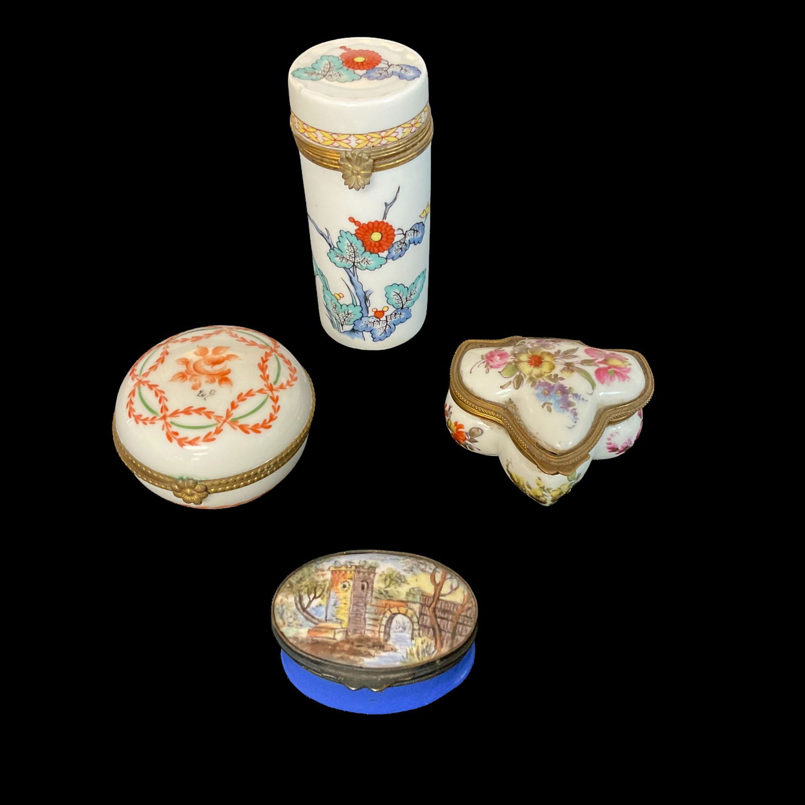 Group of 4 Handpainted Trinket Boxes Bernardaud Limoges: Group of 4 Handpainted Trinket Boxes Bernardaud Limoges Edme Samson Trinket Box 2" W, 1 1/4" H, Limoges Small Round Trinket Box with Orange Flower 2" diameter, 1 1/2" H, Bernardaud Limoges Trinket Box