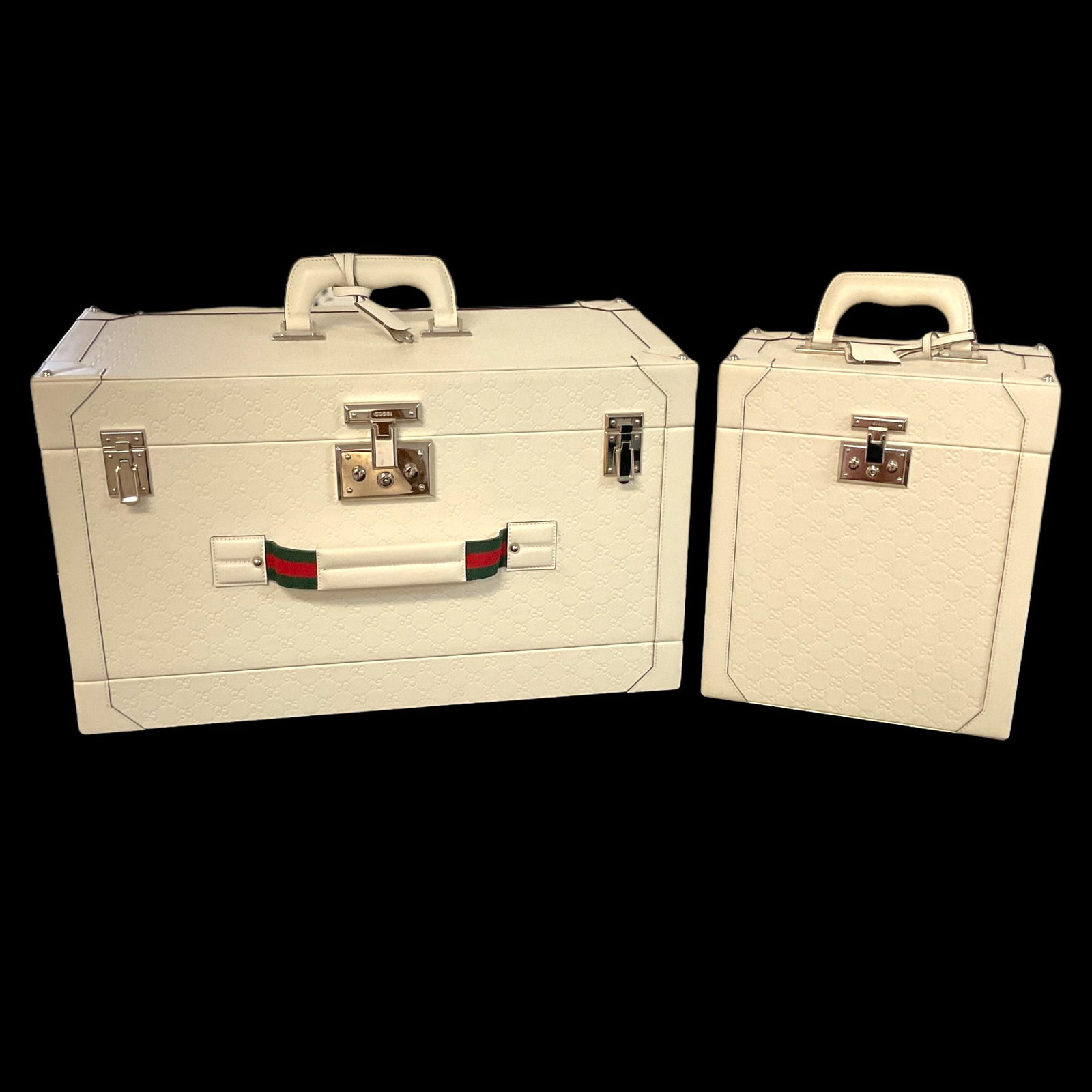 Gucci by Riva Custom Picnic Trunk and Wine Cooler: Gucci by Riva Custom Picnic Trunk and Wine Cooler Trunk measures 23 3/4" W x 14 1/2" H x 12" D Wine Cooler measures 12" W x 14 1/2" H x 6 1/2" D Measurements do not include handles Condition, very goo