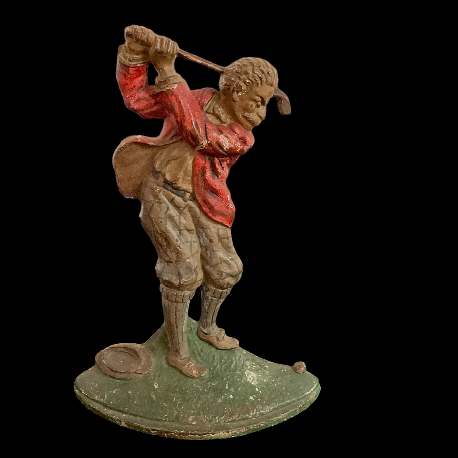 Golfer Cast Iron Door Stop #238: Golfer Cast Iron Door Stop #238 Measures 10" H, 7" W Condition consistent with age, wear and chips to paint, faded colors, see photographs