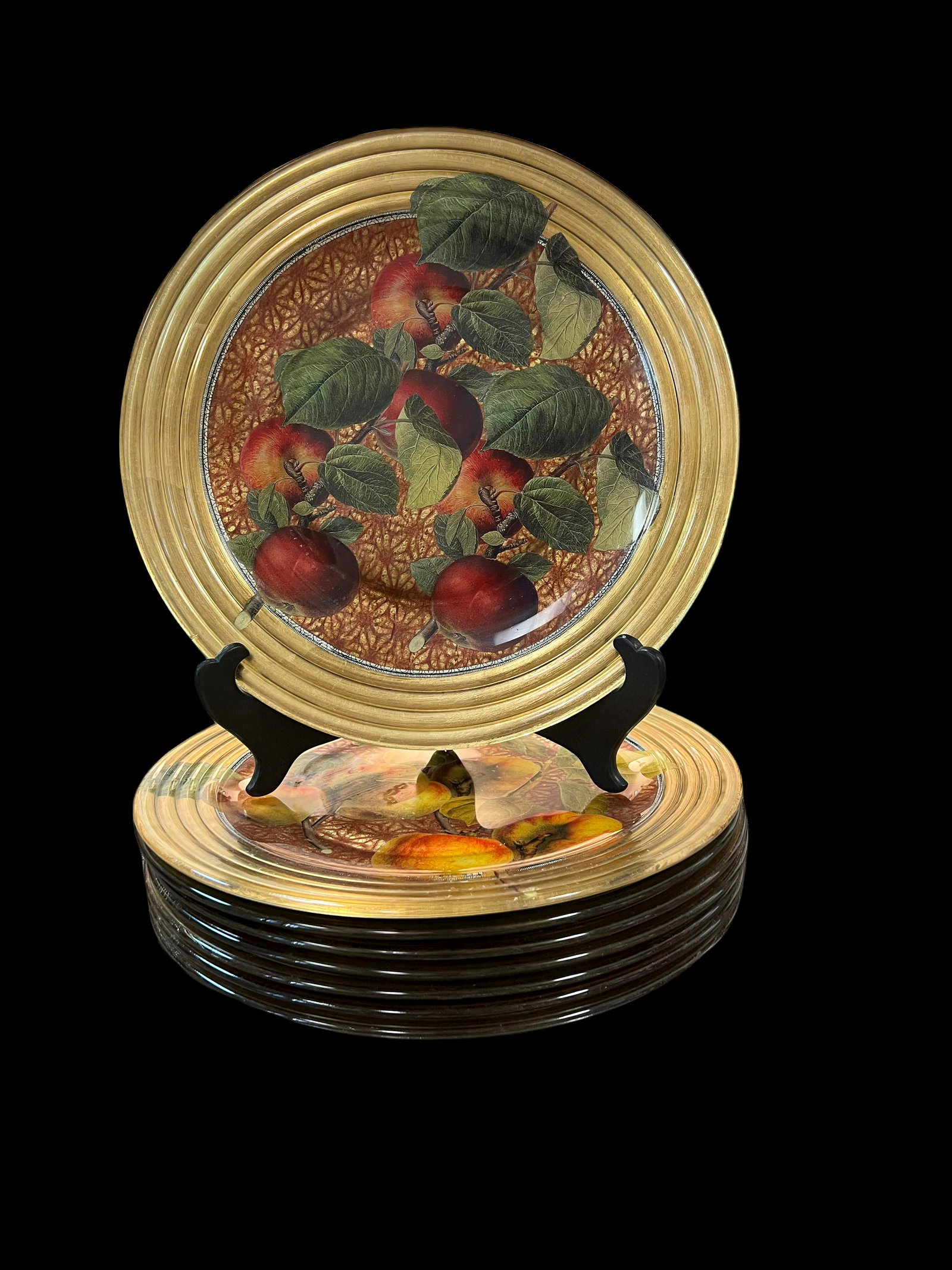 Set of 8 Scott Potter Decoupage Chargers: Set of 8 Scott Potter Decoupage Chargers with three designs Gold rimmed ribbed 12" diameter plates Designed for Bergdorf Goodman circa 1990s Condition good. Some wear on back of plates. Plates signed 