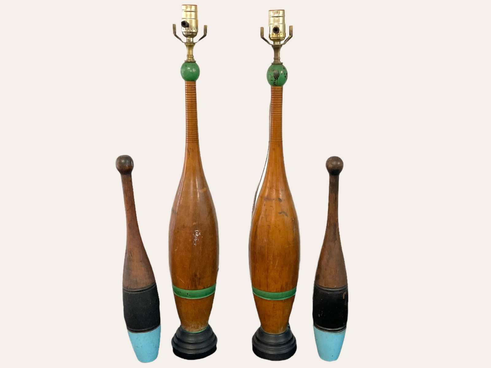 Two Pairs of Painted Wood Juggling Pins One Pair Mounted as Table Lamps (1 of 13)
