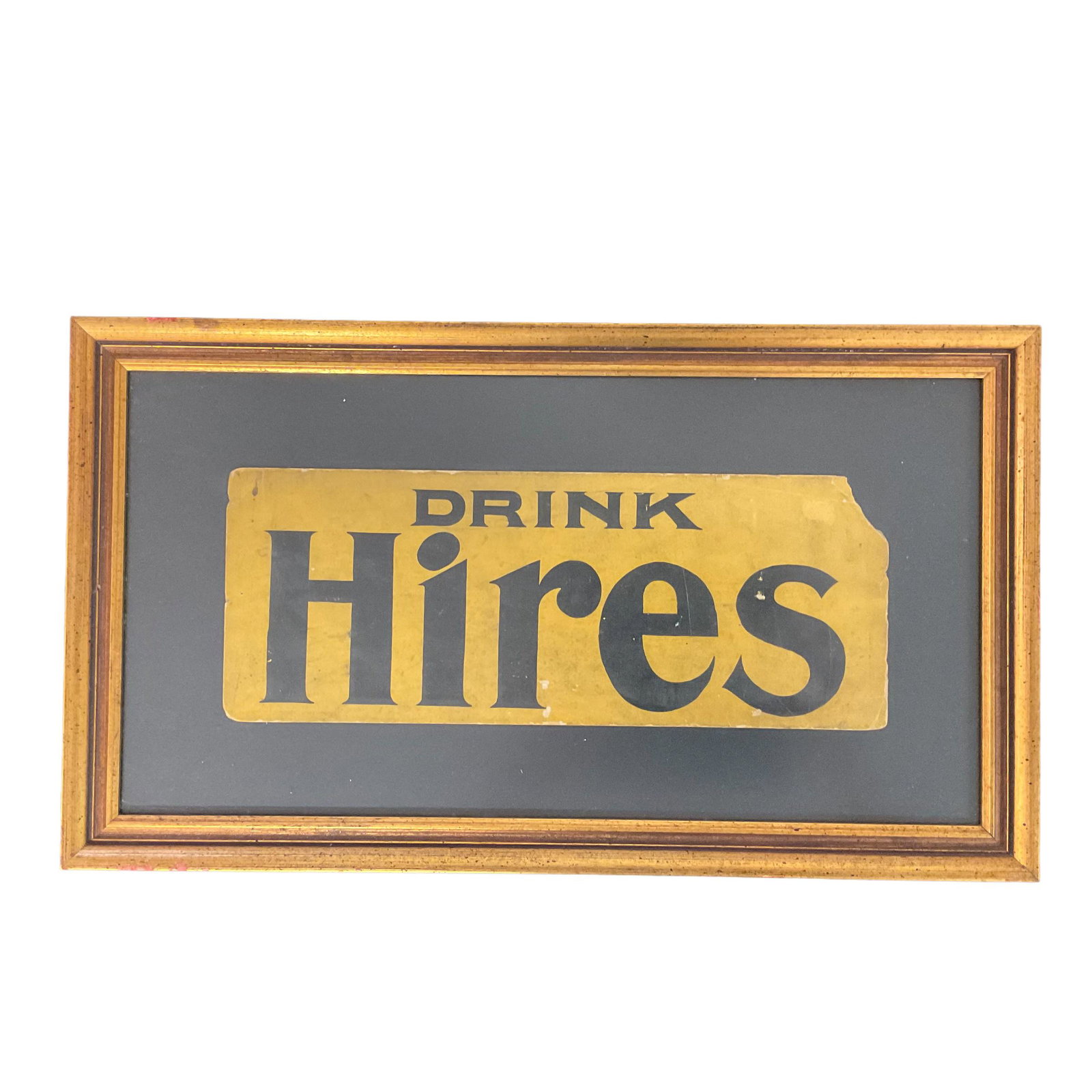 "Drink Hires" Root Beer Yellow and Black Paper Sign Framed: "Drink Hires" Root Beer Yellow and Black Paper Sign Framed Sign measures 13" x 5" Frame size is 18 1/2" x 10 1/2" Condition good upper right corner of paper sign is torn / missing, see photographs