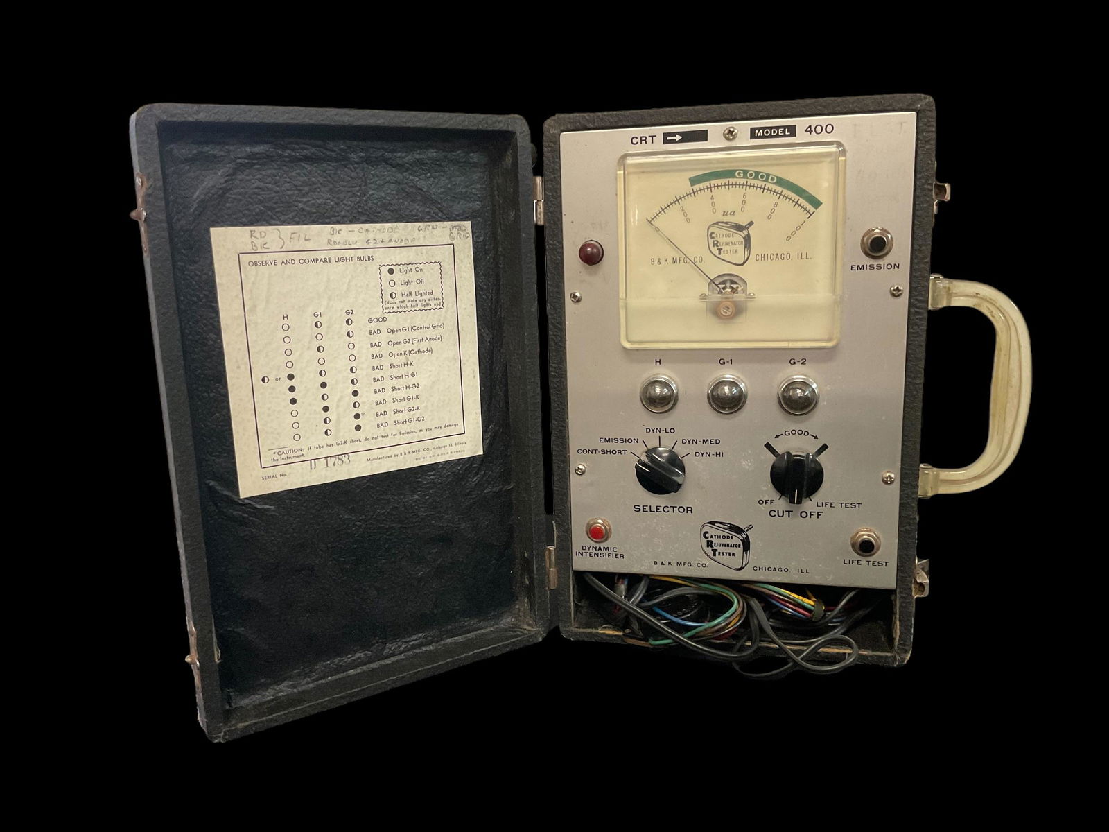 B&K Mfg. Co. Cathode Rejuvenator Tester Model 400 with Instruction Manual: B&K Mfg. Co. Cathode Rejuvenator Tester Model 400 with Instruction Manual Measures 12" x 9" x 5" Condition case worn