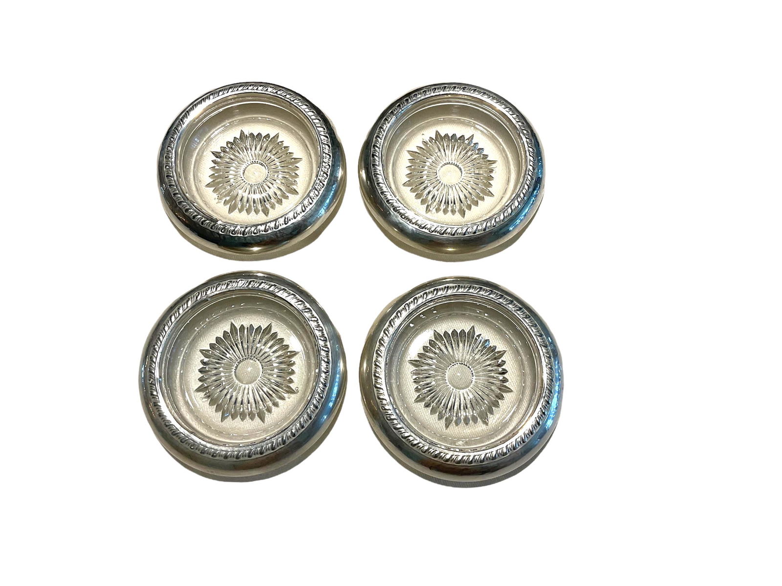 Set of 4 Sterling Silver Rimmed Crystal Coasters (1 of 4)