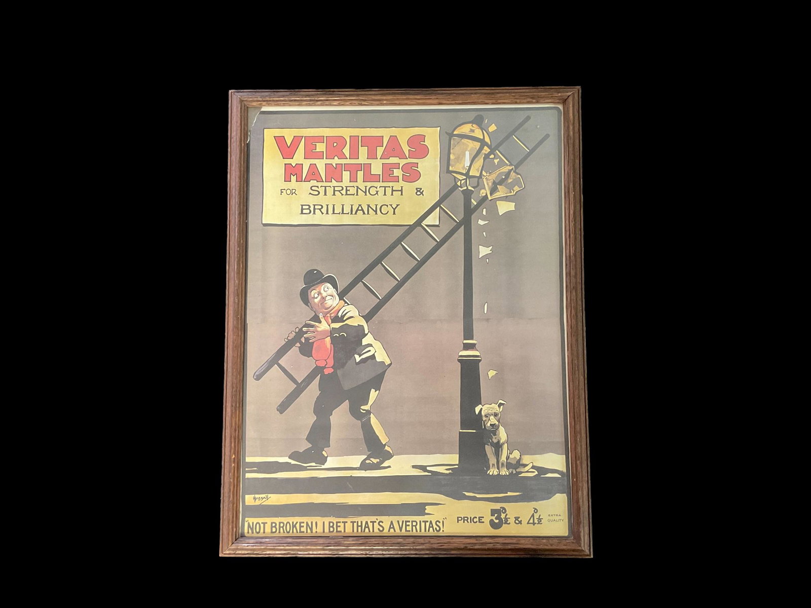 Vintage Advertisement Veritas Mantles by John Hassall: Vintage Advertisement Veritas Mantles by John Hassall, Frame measures 15 1/2" W x 20" H, Condition, poster has tear in top corner