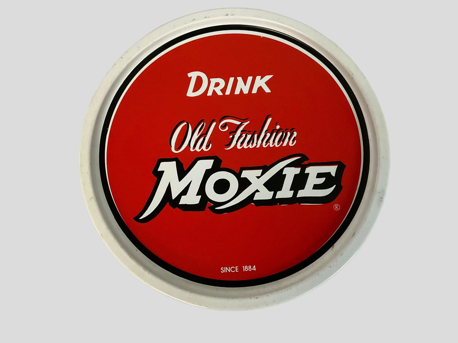 Drink Old Fashion Moxie Since 1884 Metal Serving Tray: Drink Old Fashion Moxie Since 1884 Metal Serving Tray, Measures 11" diameter, Condition very good, some scratches with wear, see photographs