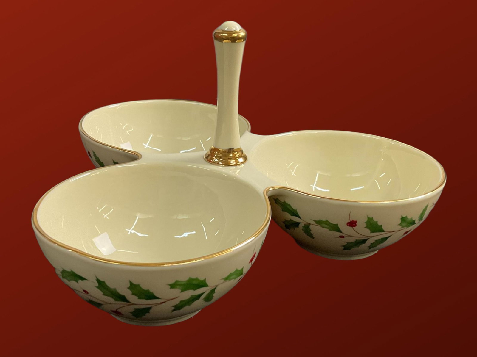 Lenox Holiday Collection Porcelain with Gold Trim Condiment Server with box: Lenox Holiday Collection Porcelain with Gold Trim Condiment Server with box, Measures 9 1/2" diameter, Condition very good, see photographs