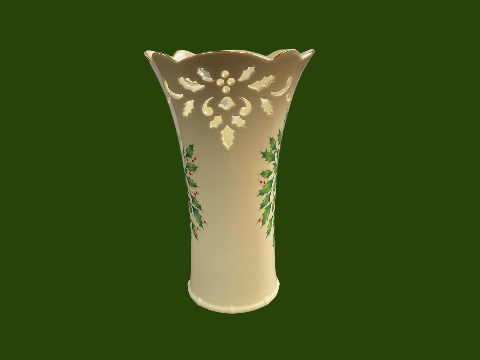 Lenox Holiday Pierced Medium Vase with Box: Lenox Holiday Pierced Medium Vase with Box, Ivory Porcelain Vase trimmed in Gold with Holly and Berries Design, Condition very good, see photographs