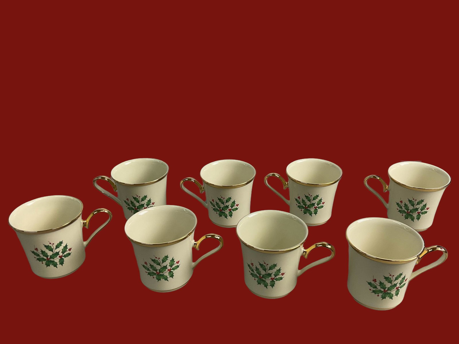Lenox Holiday Mugs Set of 8: Lenox Holiday Mugs Set of 8, Trimmed in Gold with Holly and Berries Design, Measures 3 1/2", Condition very good, see photographs