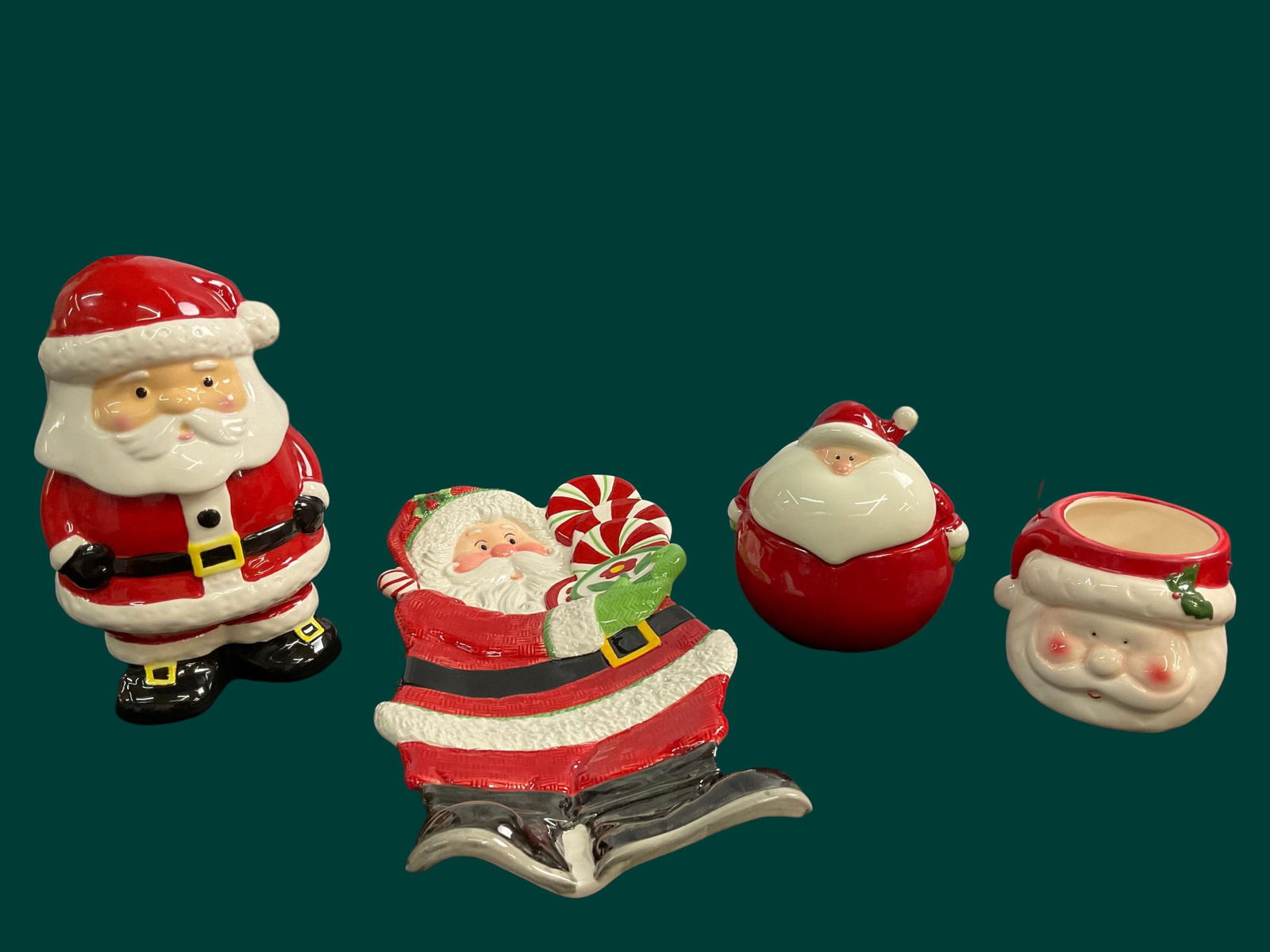 Collection of Santa Christmas Dishes: Collection of Santa Christmas Dishes, Santa Cookie Jar by SCM Designs, 8" H, Peppermint Santa by Fitz and Floyd, 12 1/2" H, Santa Christmas Vase Basket by Royal Norfolk, 4" H, Santa Lidded Candy Jar,