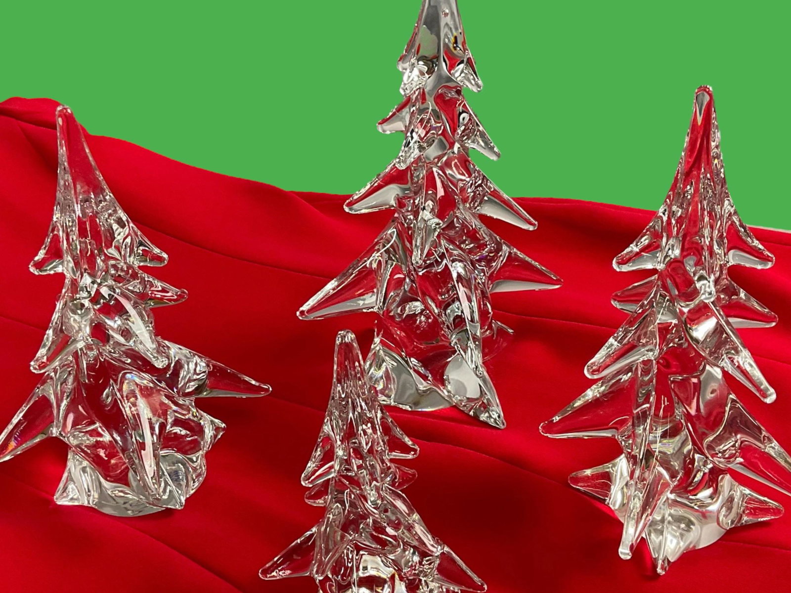 Set of 4 Sigma Tastesetter Lead Glass Christmas Trees: Set of 4 Sigma Tastesetter Lead Glass Christmas Trees, 24% Lead Glass Christmas Trees, Trees measure 10", 8", 8", 5 1/2", Made in Japan, Condition very good, see photographs