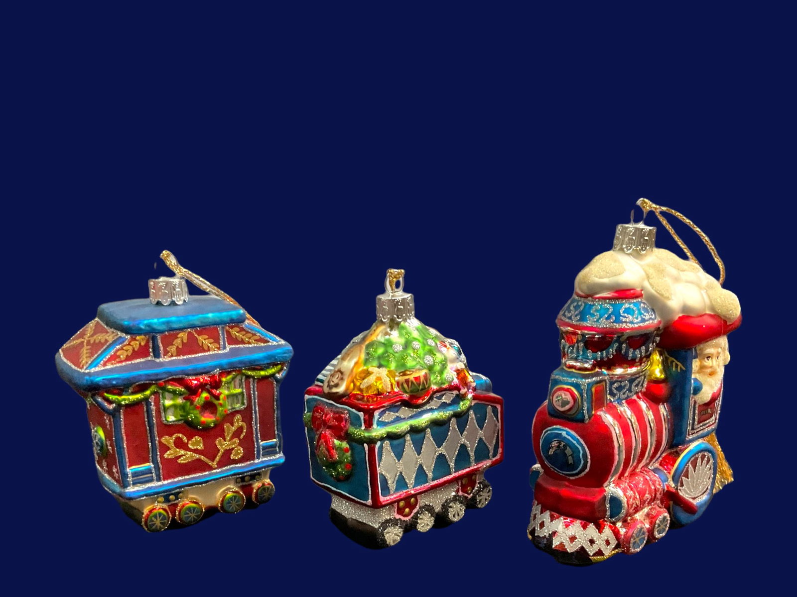 Waterford Marquis Set of 3 Santa's Train Christmas Tree Ornaments: Waterford Marquis Set of 3 Santa's Train Christmas Tree Ornaments, Ornaments are 3" to 5" L, and 2 3/4" to 3 3/4" W, Condition very good, see photographs