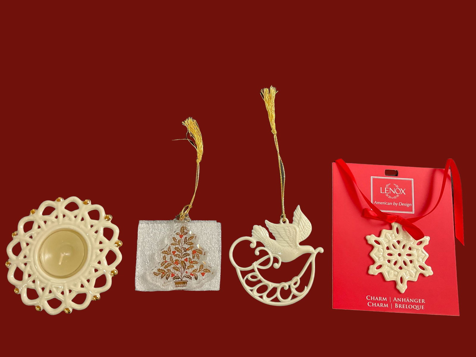 3 Lenox Holiday Christmas Tree Ornaments and 1 Lenox Snow Lights: 3 Lenox Holiday Christmas Tree Ornaments and 1 Lenox Snow Lights, Holiday Wishes Peace Ornament, Eternal Tree Ornament, Pierce Snowflake Charm Ornament, Snow Lights 4" diameter, in original packaging,