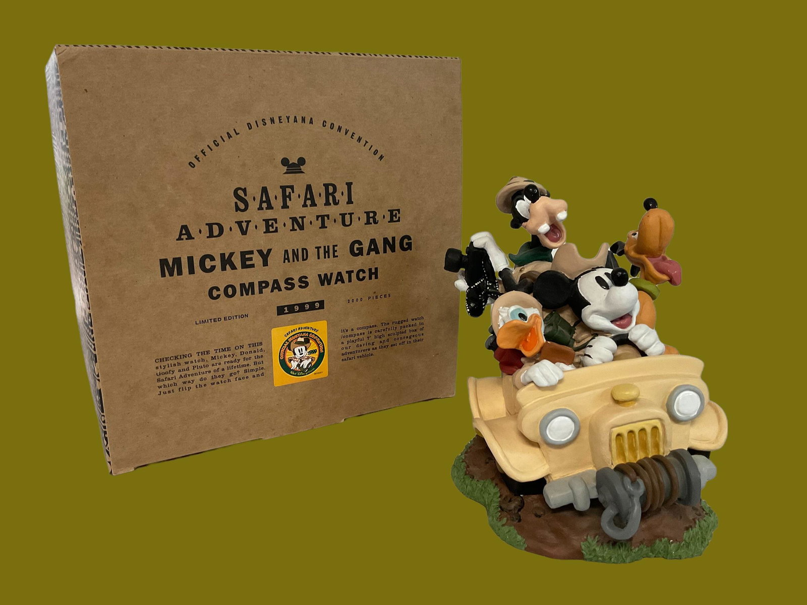Safari Adventure Mickey and Gang Compass Watch Limited Edition Official Disneyana Convention 1999: 1999 Official Disneyana Convention, Safari Adventure Mickey and Gang Compass Watch Limited Edition of 2000 pieces, with Box, Measures 6" W x 6 1/2" H x 6" D, Condition very good, see photographs, uncl