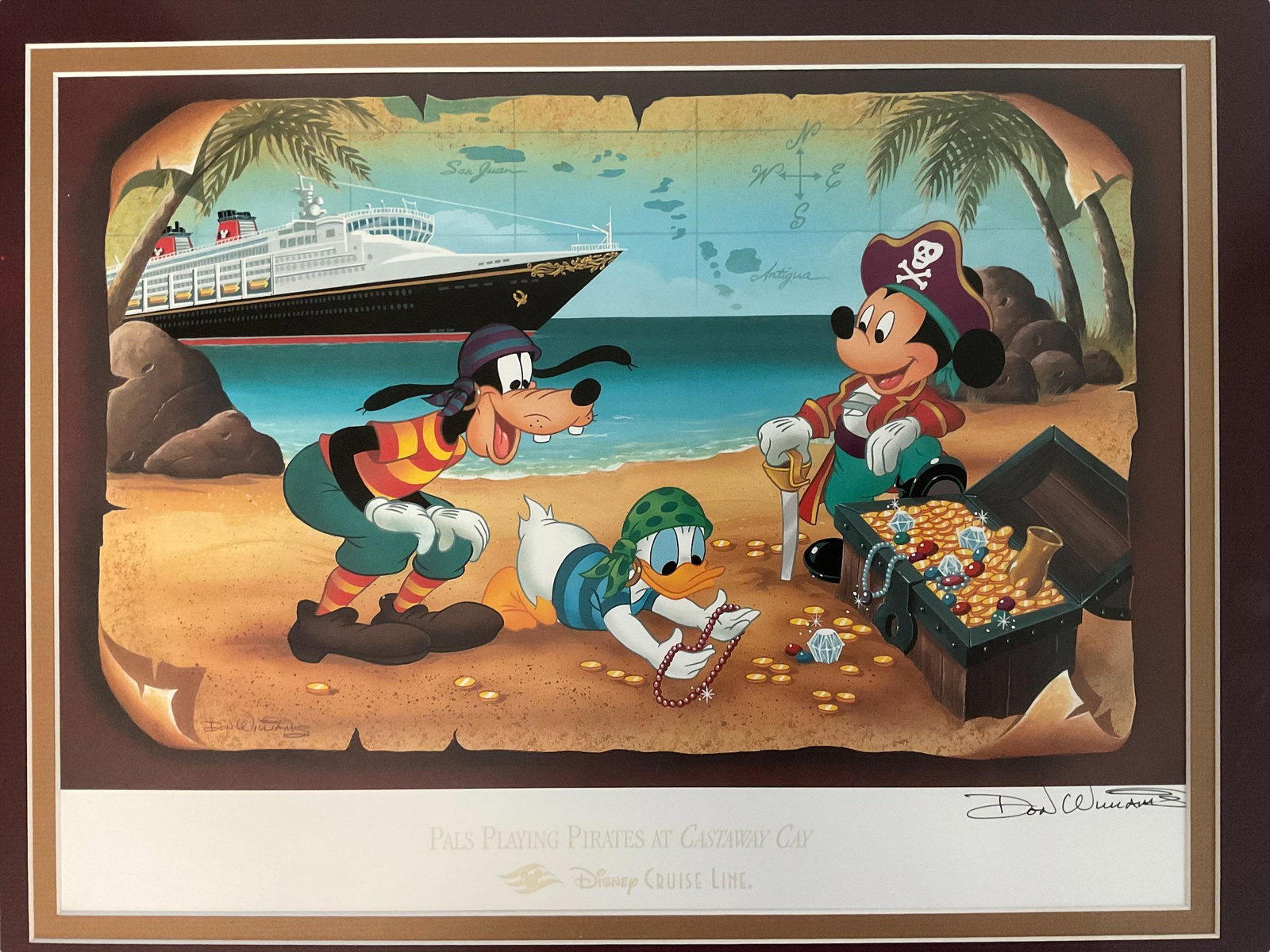 Disney "Pals Playing Pirates at Castaway Cay" Signed Don Williams: Disney "Pals Playing Pirates at Castaway Cay" Signed Don Williams, Frame measures 23" x 19", Image measures 15 1/2" x 11 1/2", Condition very good, see photographs