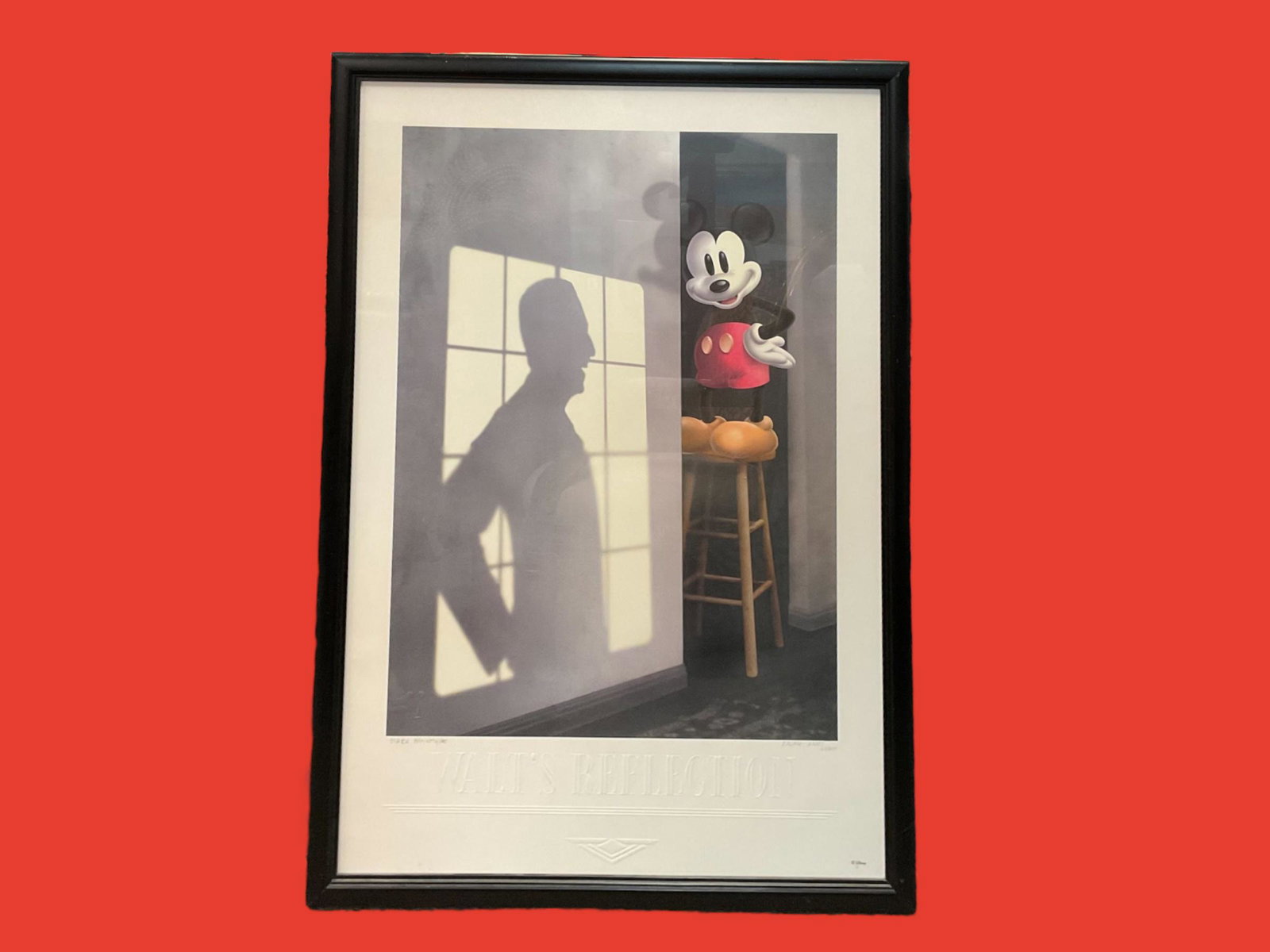 Disney Walt's Reflection by Ralph Kent Mark McIntyre Numbered 63 / 250: Disney Walt's Reflection by Ralph Kent Mark McIntyre Numbered 63 / 250, Frame measures 26" x 38 1/2", Condition very good, some minor scratches to top of frame, see photographs