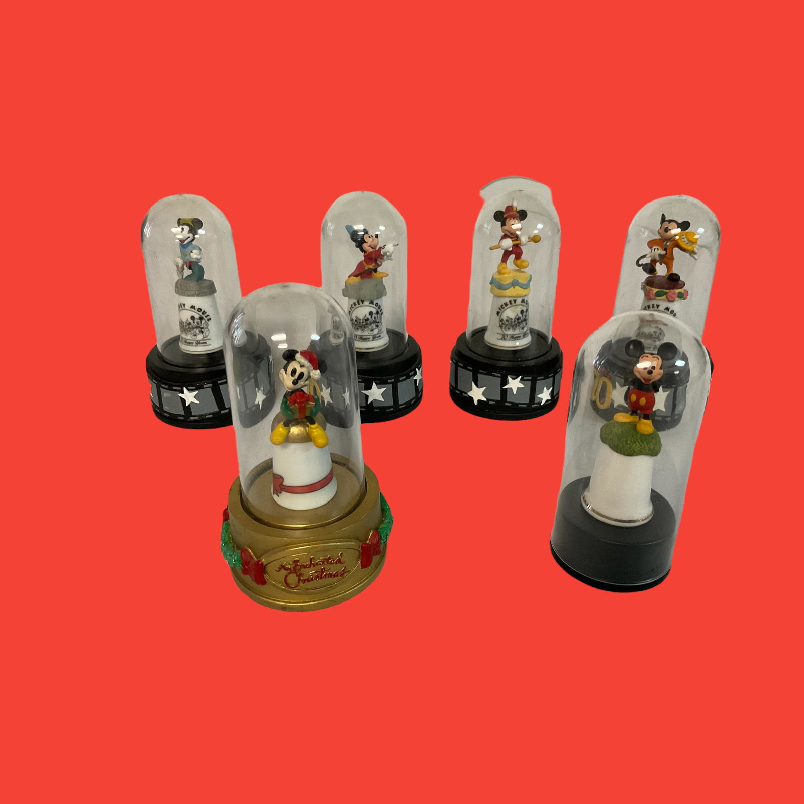 Group of 6 Mickey Mouse Thimbles with Domes and Bases: Group of 6 Mickey Mouse Thimbles with Domes and Bases, includes An Enchanted Christmas and 70 Happy Years, Condition very good, see photographs