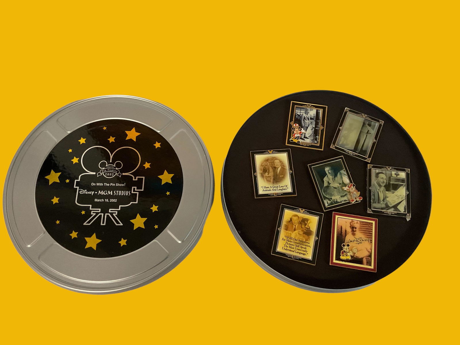 Disney MGM Studios On With The Pin Show! Group of 7 Trading Pins in Film Reel Container 2002 (1 of 4)