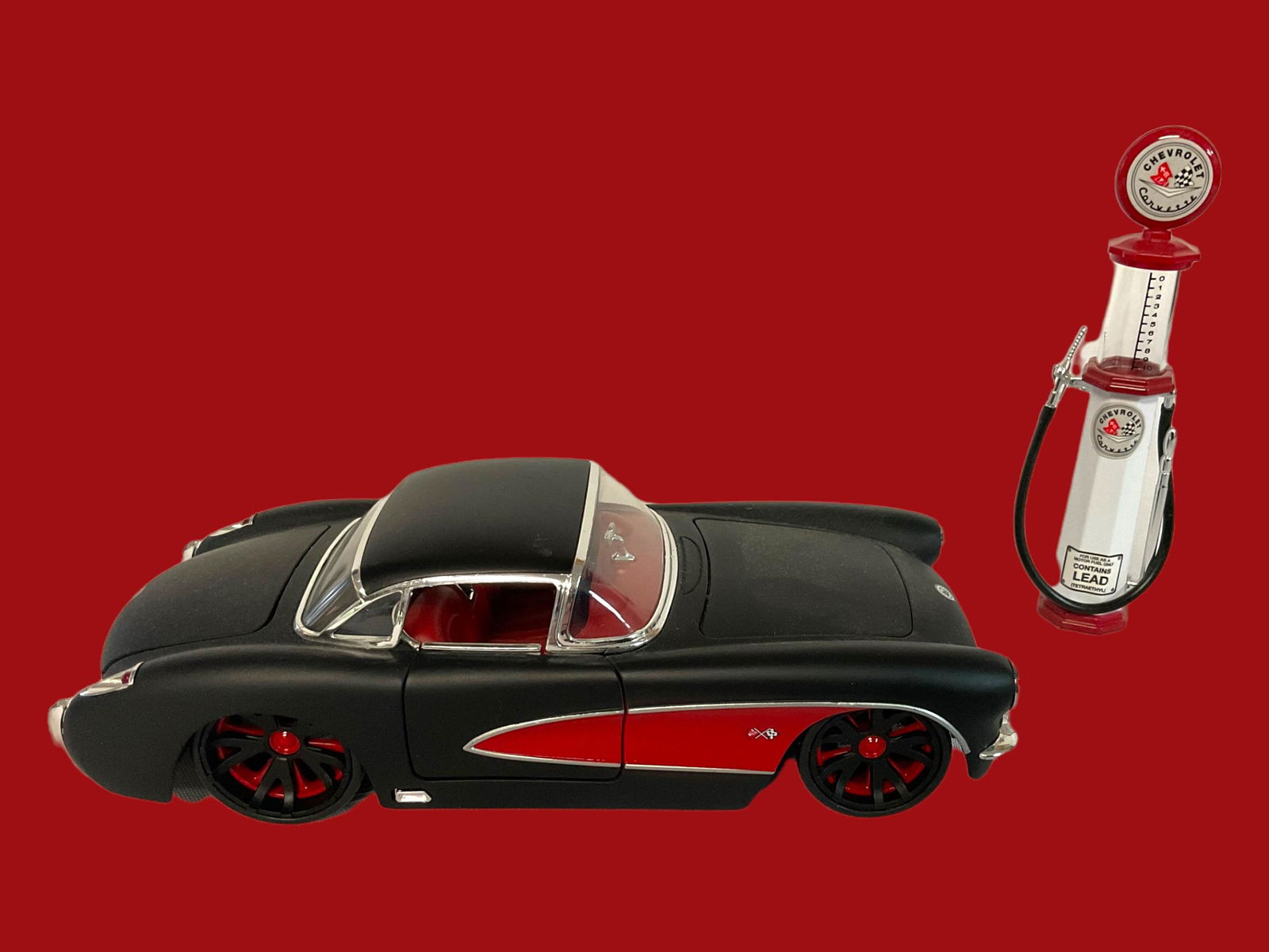 1957 Black Chevy Corvette Die-Cast Model Car and Corvette Cylinder Gas Pump (1 of 6)