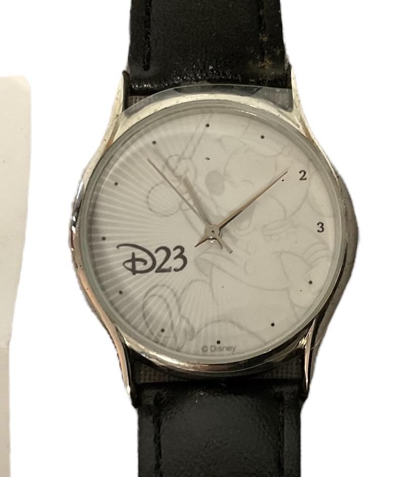 Disney D23 Mickey Mouse Marching Watch: Disney D23 Mickey Mouse Marching Watch, Member Exclusive Watch, Leather Strap, Face Measures 1 1/4” D, Condition, not tested, damage on leather band around watch face, see photographs