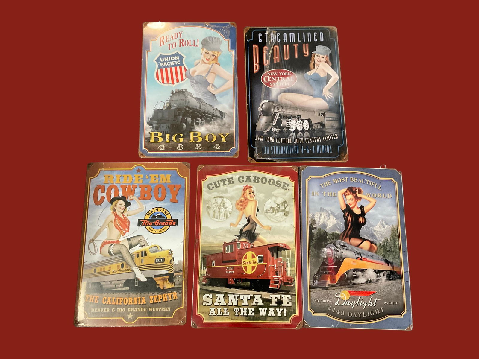 Collection of 5 Metal Railroad  Signs With Pin Up Girls (1 of 20)