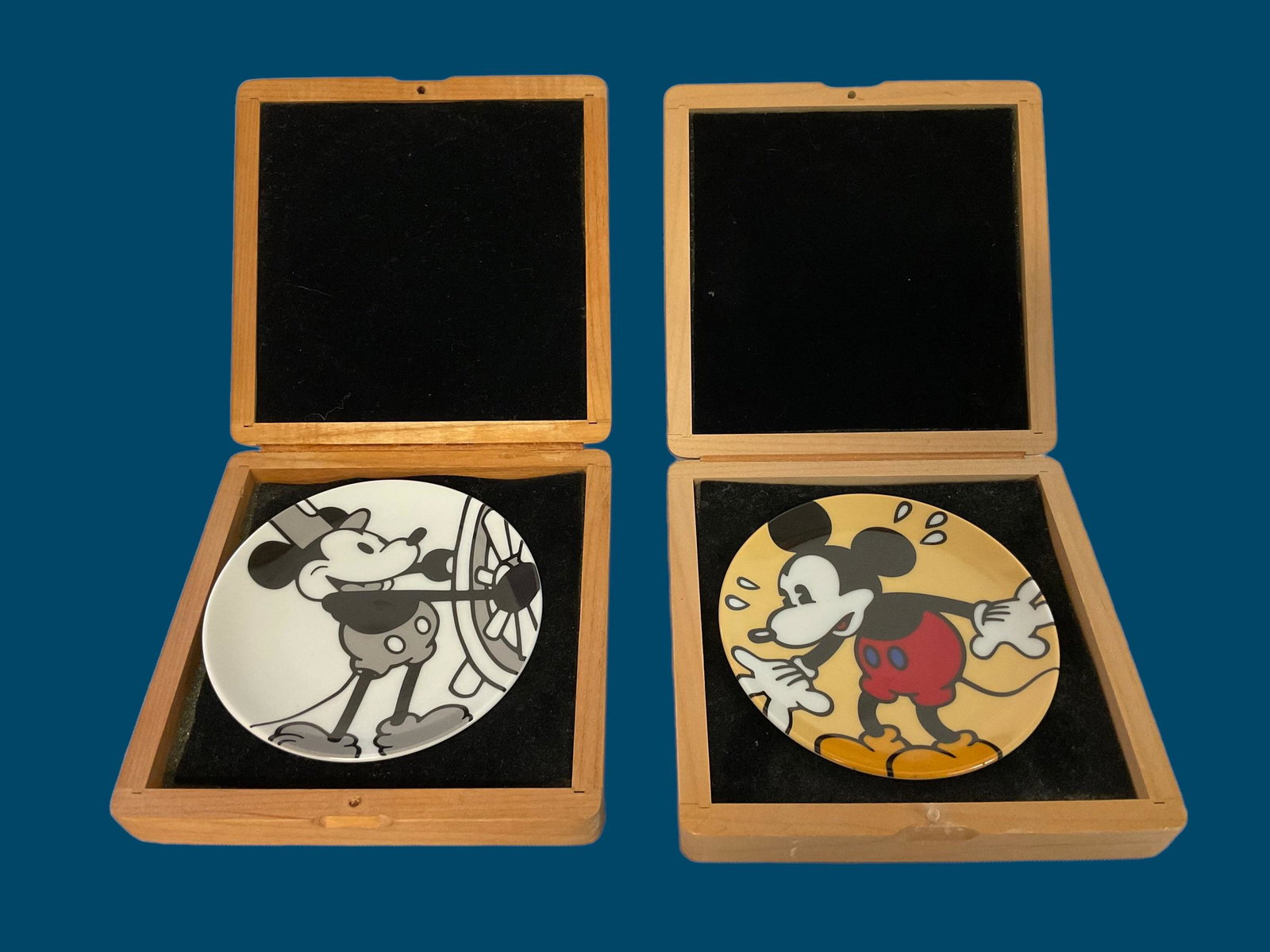 2 Disney In Clay, The Art of Brenda White: 2 Disney In Clay, The Art of Brenda White, Miniature Charger Series, Colored Mickey 936 out of 1000, Black and White Mickey 610 out of 1000, Plates measure 4 1/4”D, Both come with boxes that mea