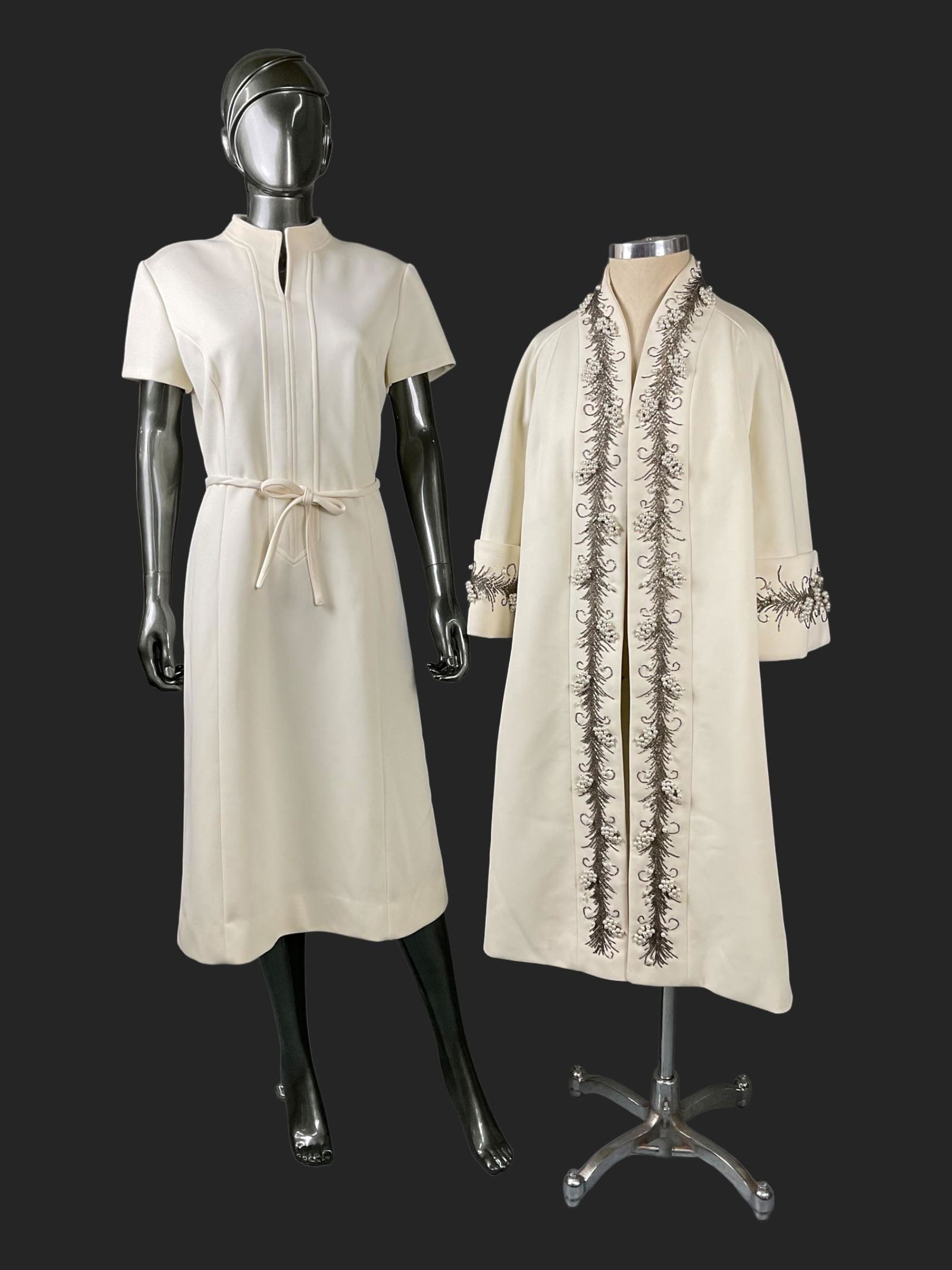 Lilli Ann 1960s White Opera Coat with Matching Dress: Lilli Ann 1960s White Opera Coat with Matching Dress, Opera coat embellished with beads and seed pearls, Polyester double knit and polyester lining, Size 18, Condition slight stains and missing beads