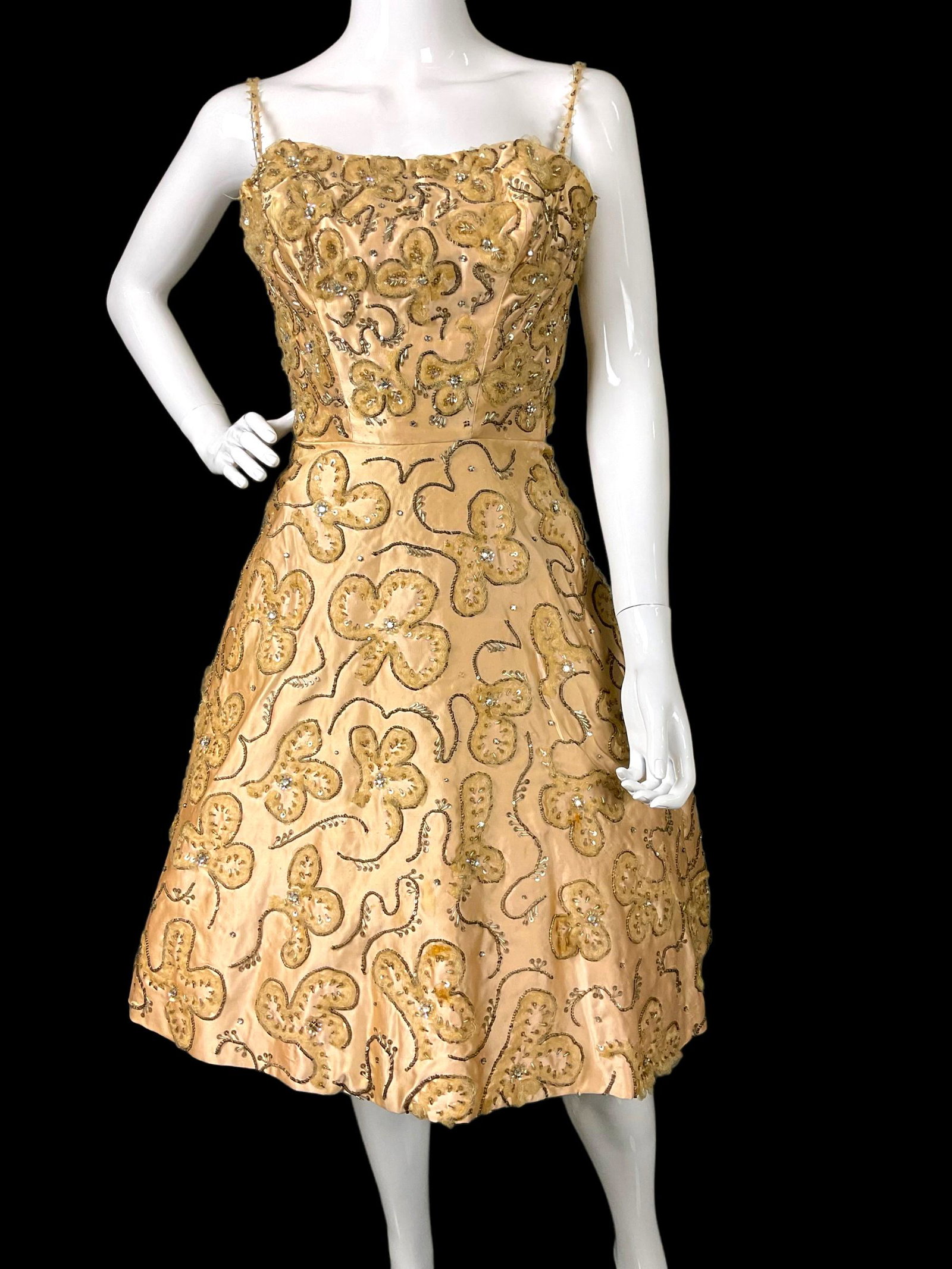 1920s Vintage Lace Sequins and Beads Cocktail Dress: 1920s Vintage Lace Sequins and Beads Cocktail Dress, 1920s vintage beige cocktail dress with clover like design, No size available, Condition small stains on front of skirt, see photographs