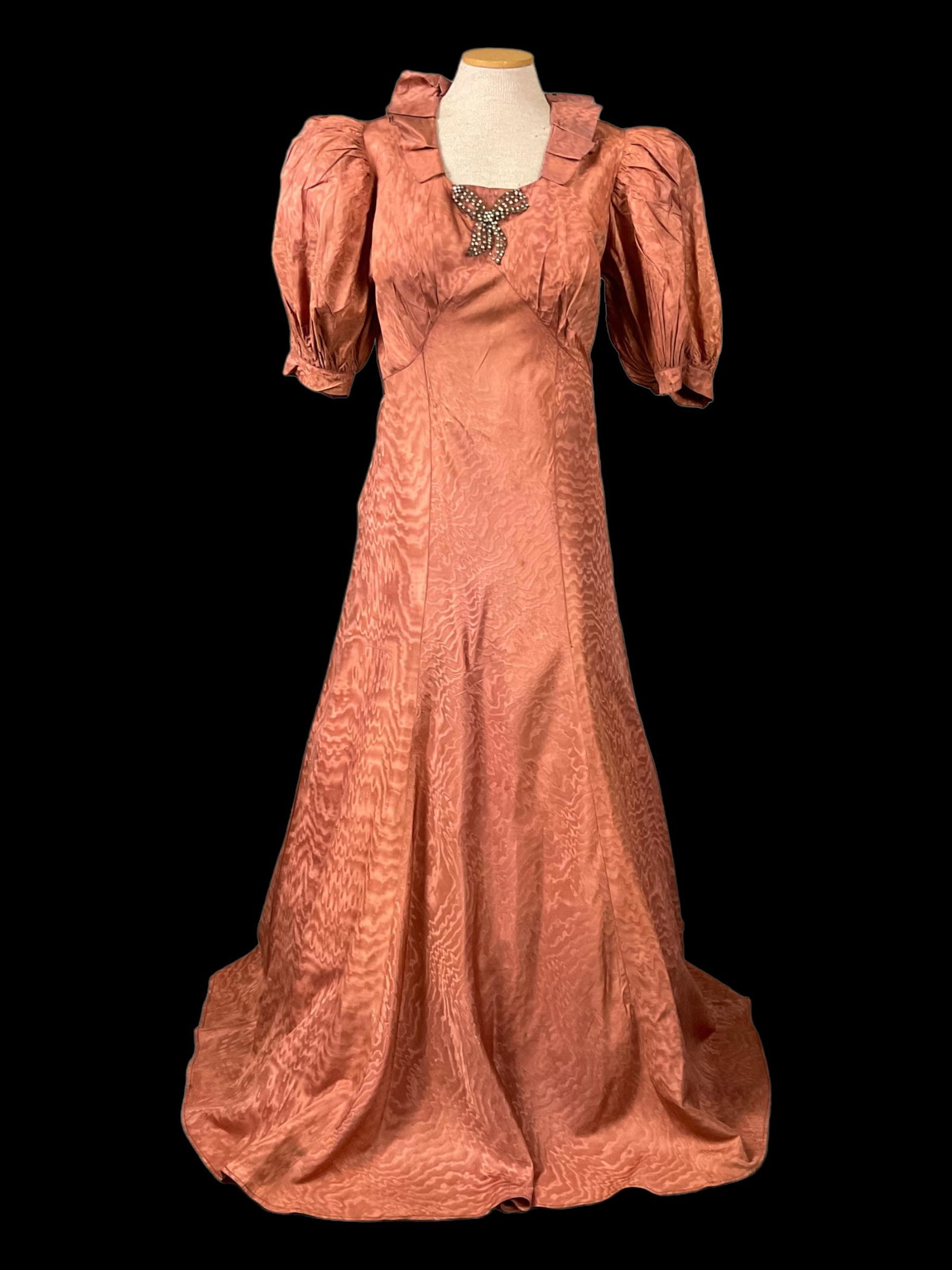 Antique 1920s Ball Gown with Rhinestone Brooch: Antique 1920s Ball Gown with Rhinestone Brooch, Opening in back with snaps on the side, Condition good, no holes, see photographs