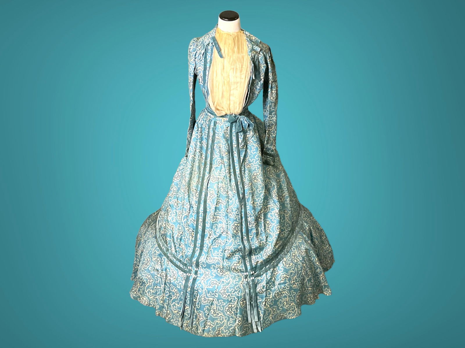 1880s Victorian Aqua and White Silk Ballgown (1 of 6)