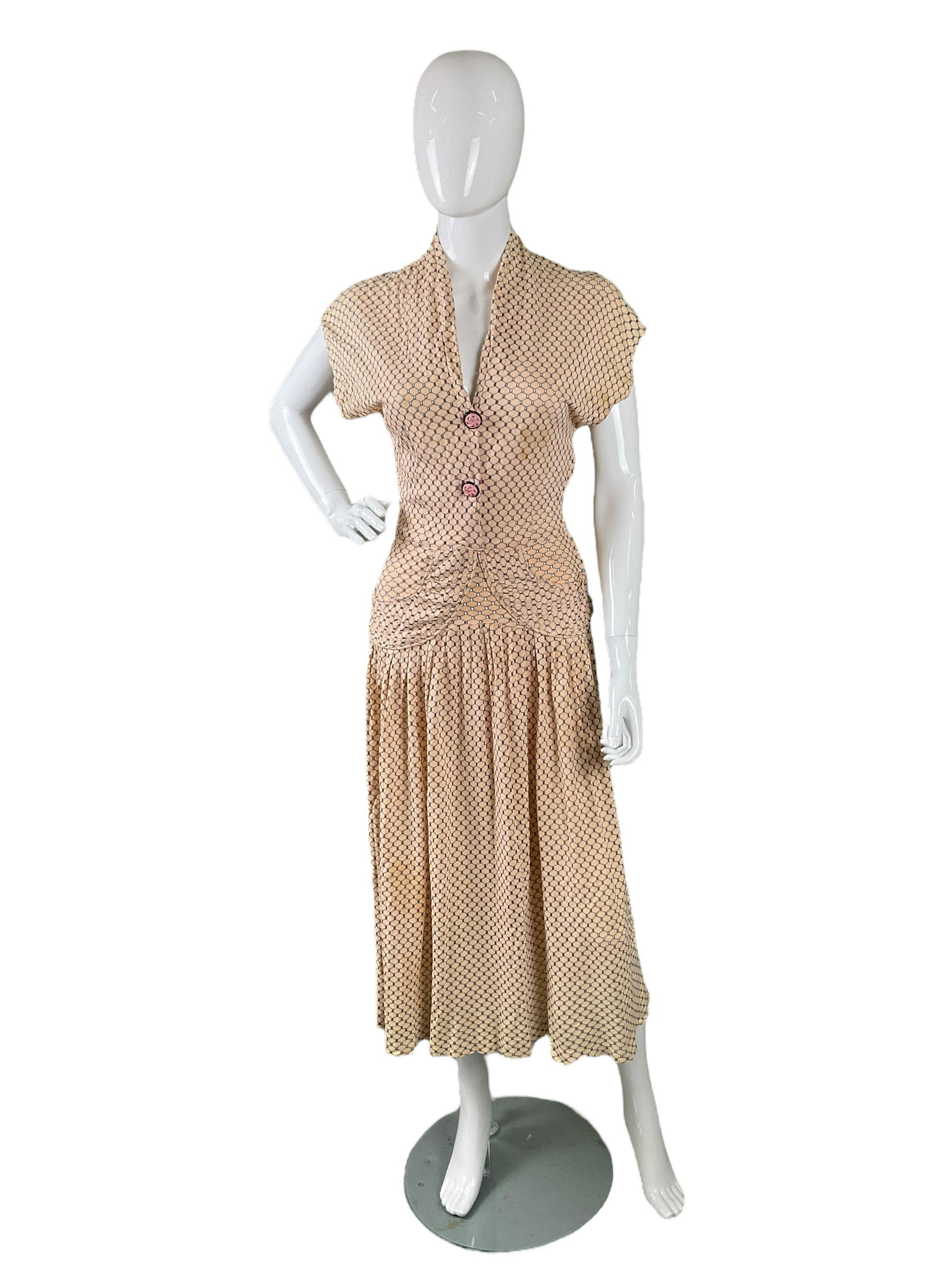 1940s Pink and Black Drop Waist Open Weave Poly Dress: 1940s Pink and Black Drop Waist Open Weave Poly Dress, Dress only, Dress has no label or tag for size, Dress has 2 pink buttons and side zipper, 2 large pockets on skirt, Condition stains across front