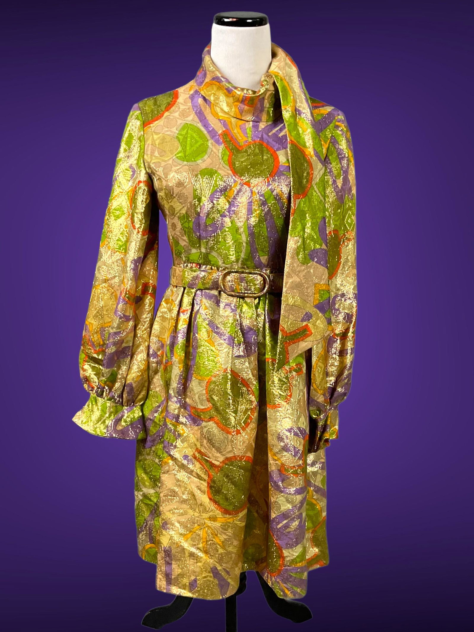 Elinor Simmons For Malcom Starr Vintage Lame Dress: Elinor Simmons For Malcom Starr Vintage Lame Dress, Elinor Simmons for Malcom Starr vintage multicolor lame dress, Size 8, Full skirt with belt and side pockets, Condition good, see photographs