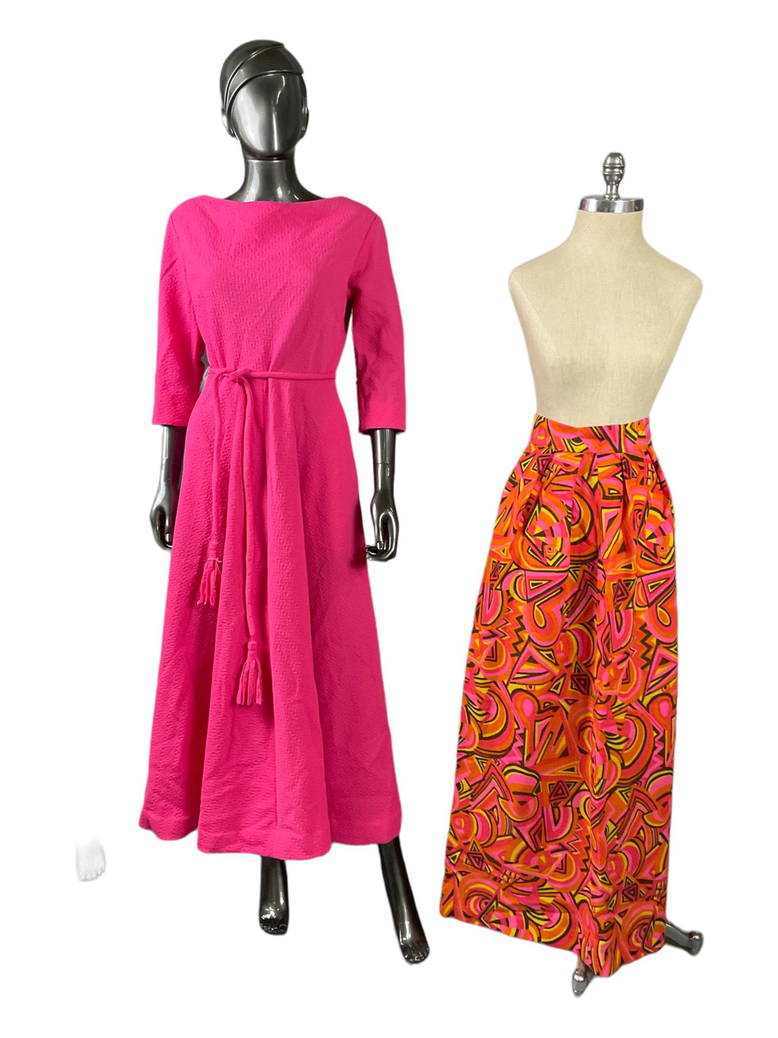 1970s Hot Pink Polyester Tea Gown and Multicolor Maxi Skirt: 1970s Hot Pink Polyester Tea Gown and Multicolor Maxi Skirt, Tea gown is designed by Diamond Tea, no size available, Polyester maxi skirt measures approximately 40” long, Condition good, see pho