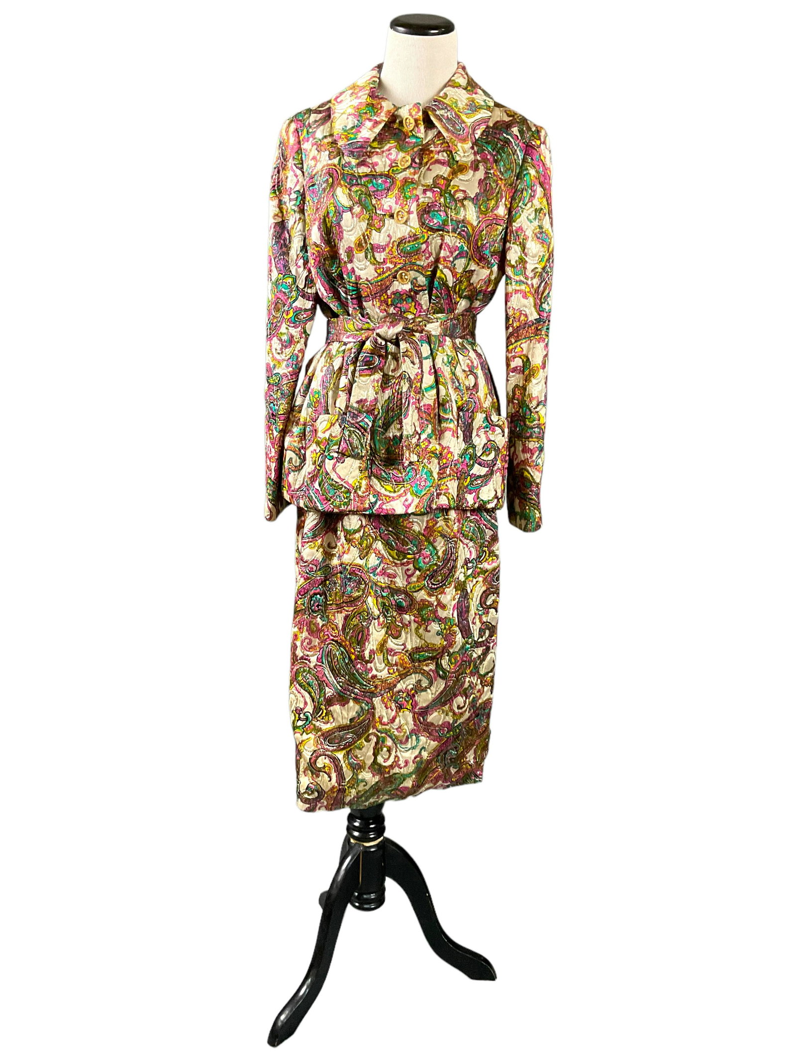 1960s Multicolor Lame Suit: 1960s Multicolor Lame Suit, Womens 1960s multicolor lame suit, Size 12, 5 gold and rhinestone buttons on jacket, Cloth belt, Condition good for age, see photographs