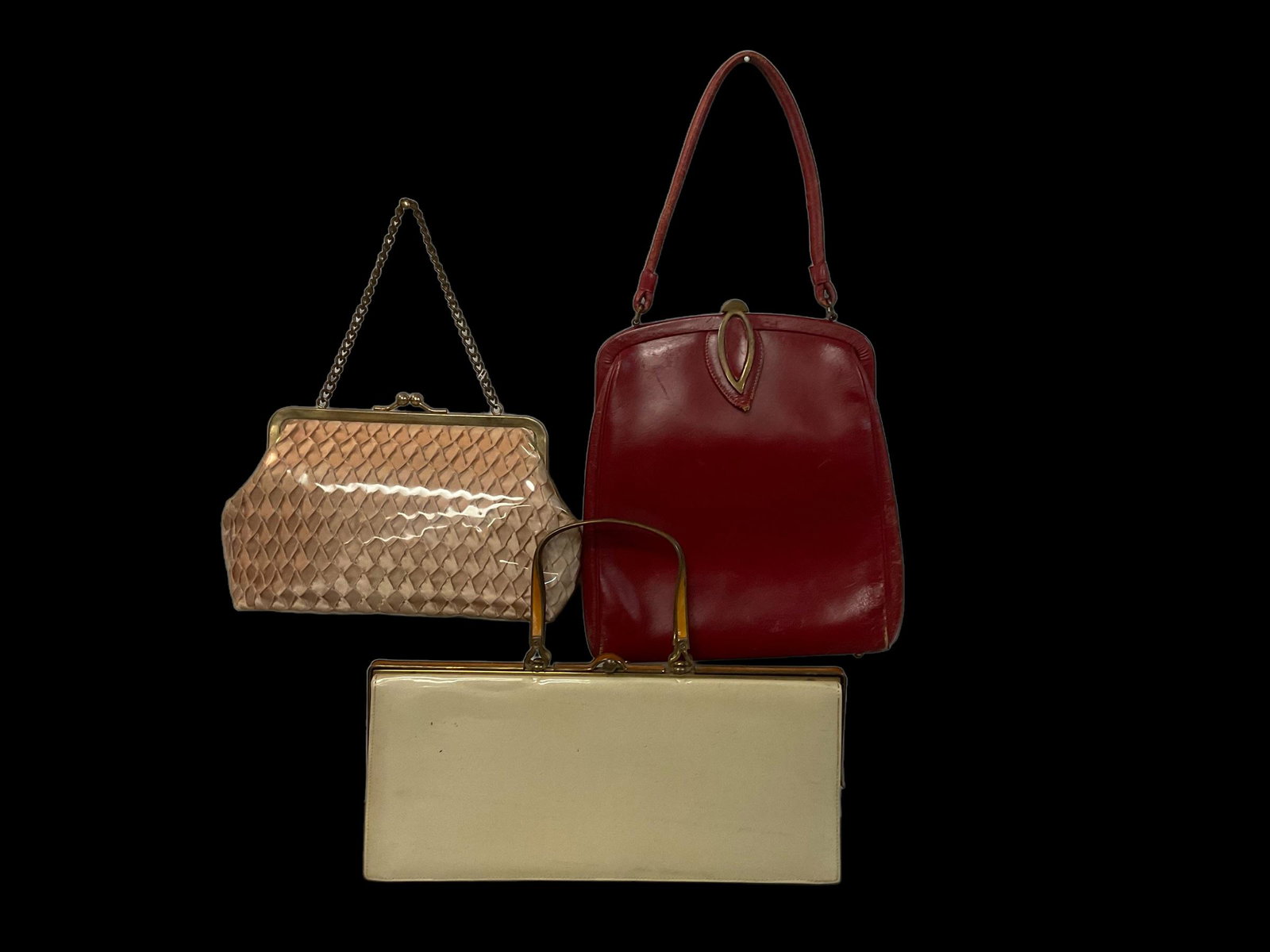 Group of 3 Vintage Handbags: Group of 3 Vintage Handbags, Red leather handbag, Cream patent leather bag by Nicholas Reich, Woven satin taupe in plastic bag, Condition wear age appropriate, see photographs