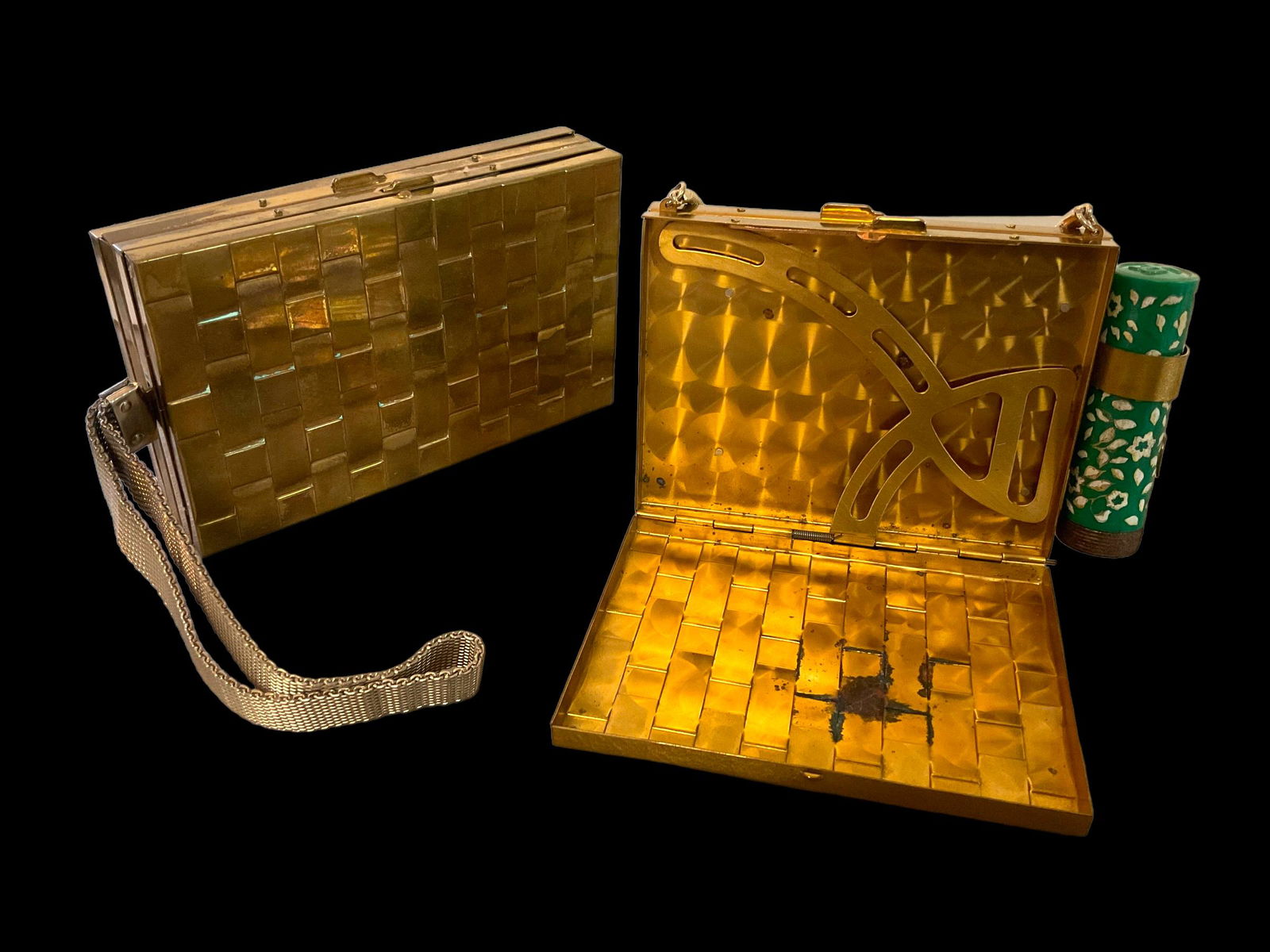 2 1950s Basketweave Gold Tone Compact Purse with Lipstick and Wristlet Makeup Case (1 of 7)