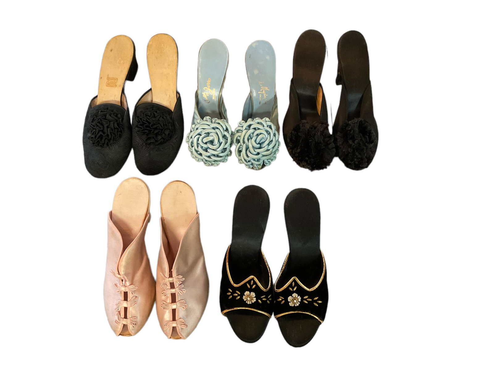 5 Pairs of Ladies Vintage Boudoir Slippers: 5 Pairs of Ladies Vintage Boudoir Slippers, Black velvet house slippers with gold and rhinestone size 5 1/2B, Black pair and pink pair by Daniel Green, Blue slippers by I. Magin and Company, Black sat