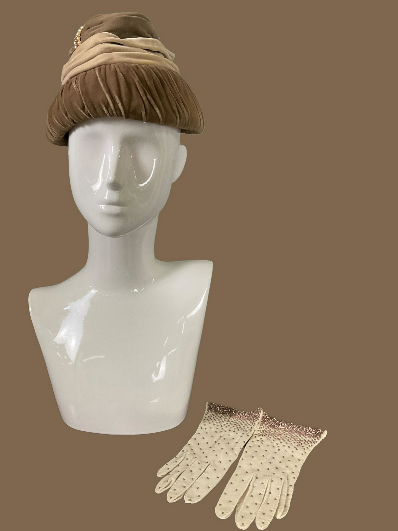 Taupe and Camel Velvet Layered Pill Box Hat with Gloves: Taupe and Camel Velvet Layered Pill Box Hat with Gloves, Maudies Millinery, Charlotte North Carolina, Hat adorned with pearl and rhinestone decor, Gloves 100% cotton woven, size 7, made in Hong Kong, 