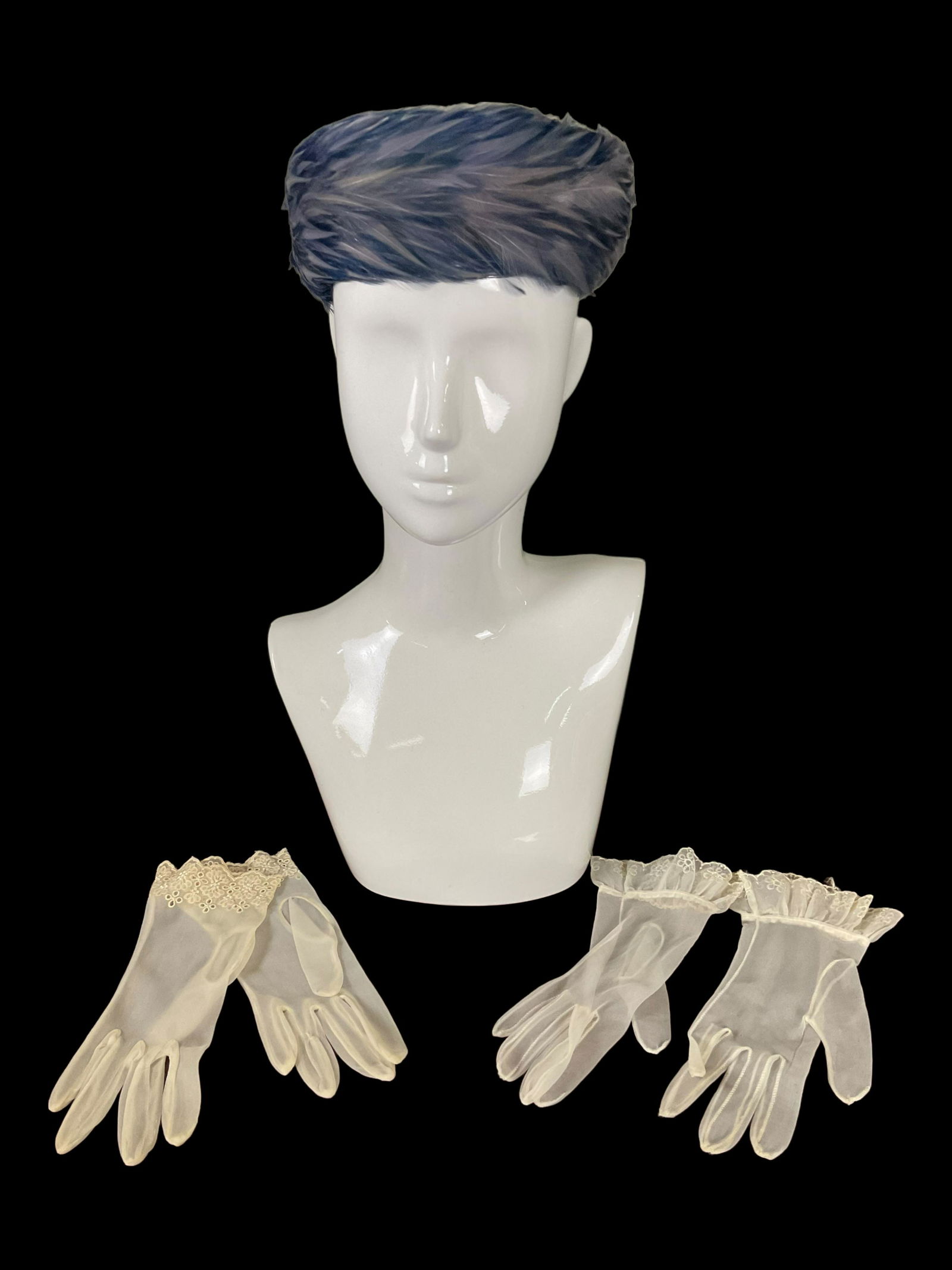 Noreen Fashion Blue Velvet and Blue Feather Pill Box Hat with 2 Pairs of Sheer Gloves (1 of 10)
