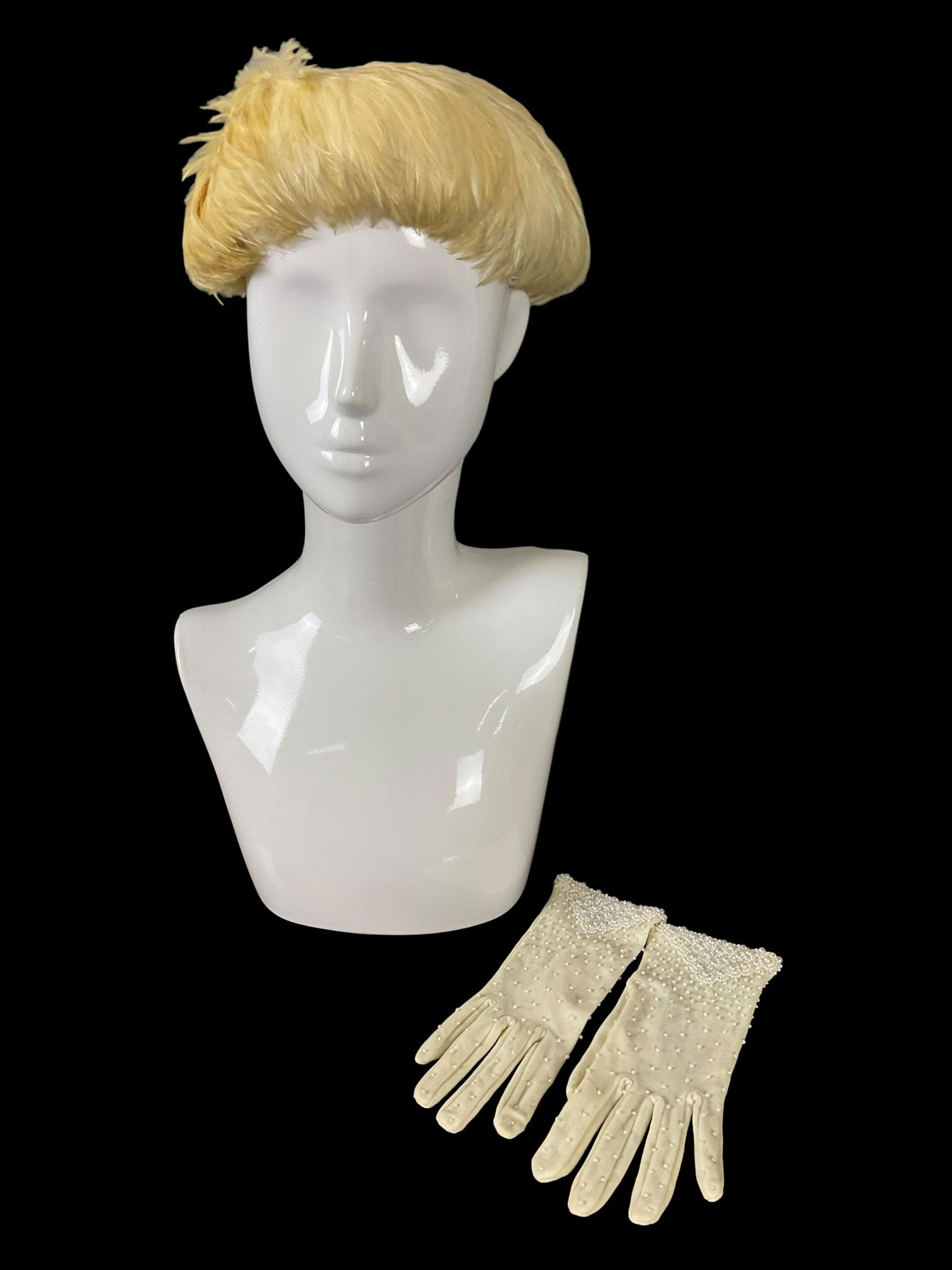 Cream Color Felt Hat Covered in Light Feathers with 1 Pair of Beaded Gloves (1 of 8)
