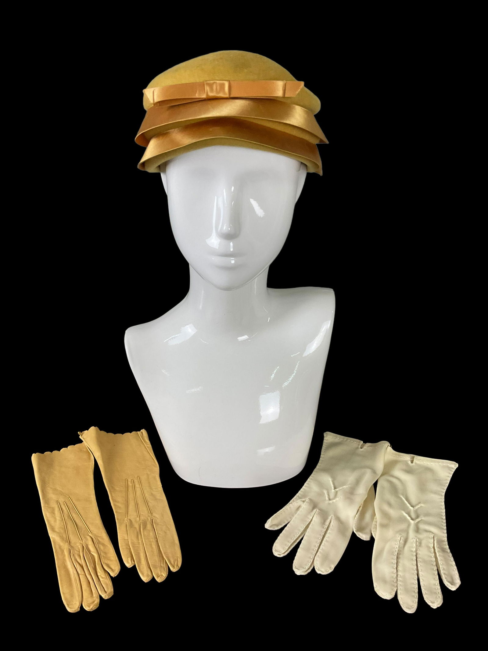 Yellow, Camel Felt Hat with Double Brim with 2 Pairs of Gloves (1 of 10)