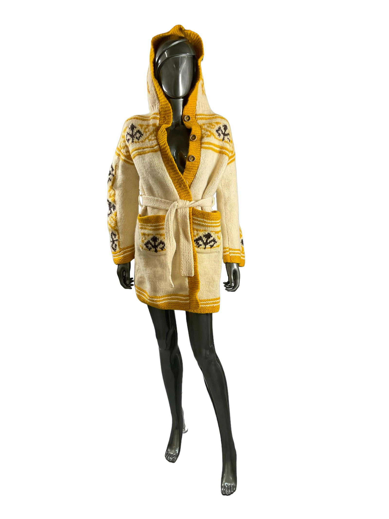 Hand Knitted Hooded Sweater with Pockets 100% Wool Yarn Wooden Buttons Made in Uruguay (1 of 8)